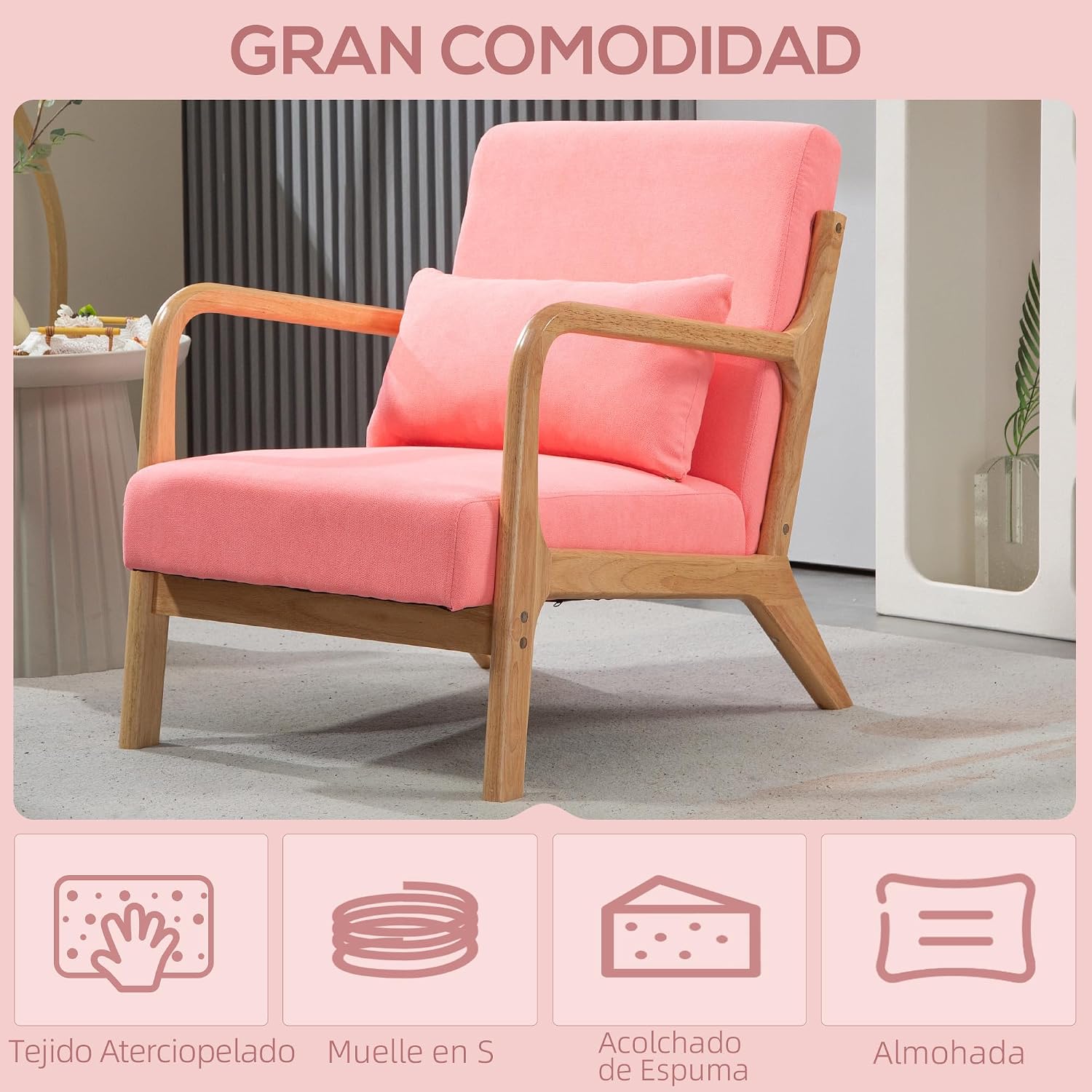 Thumbnail 3 de HOMCOM Butaca Nórdica Rosa 61x78x76 cm