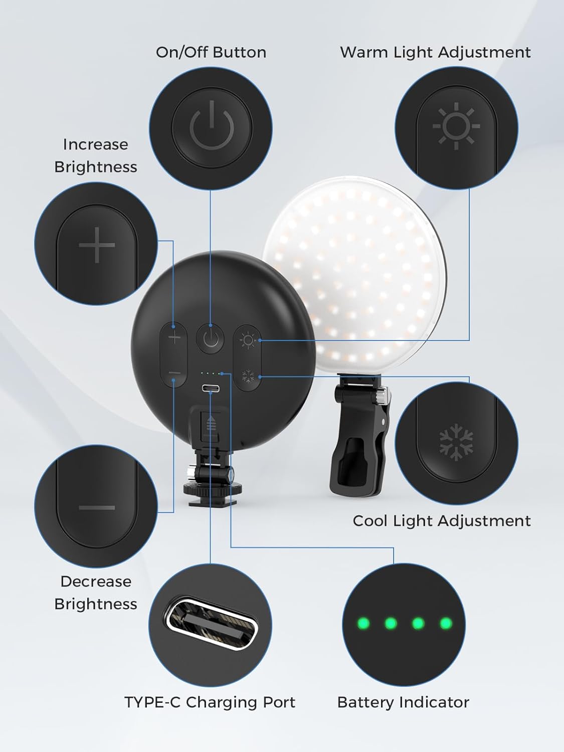 Detalle de Smiling Shark LED Lampes Vidéo D6: Lampe compacte à clip et sabot froid pour téléphone et caméra