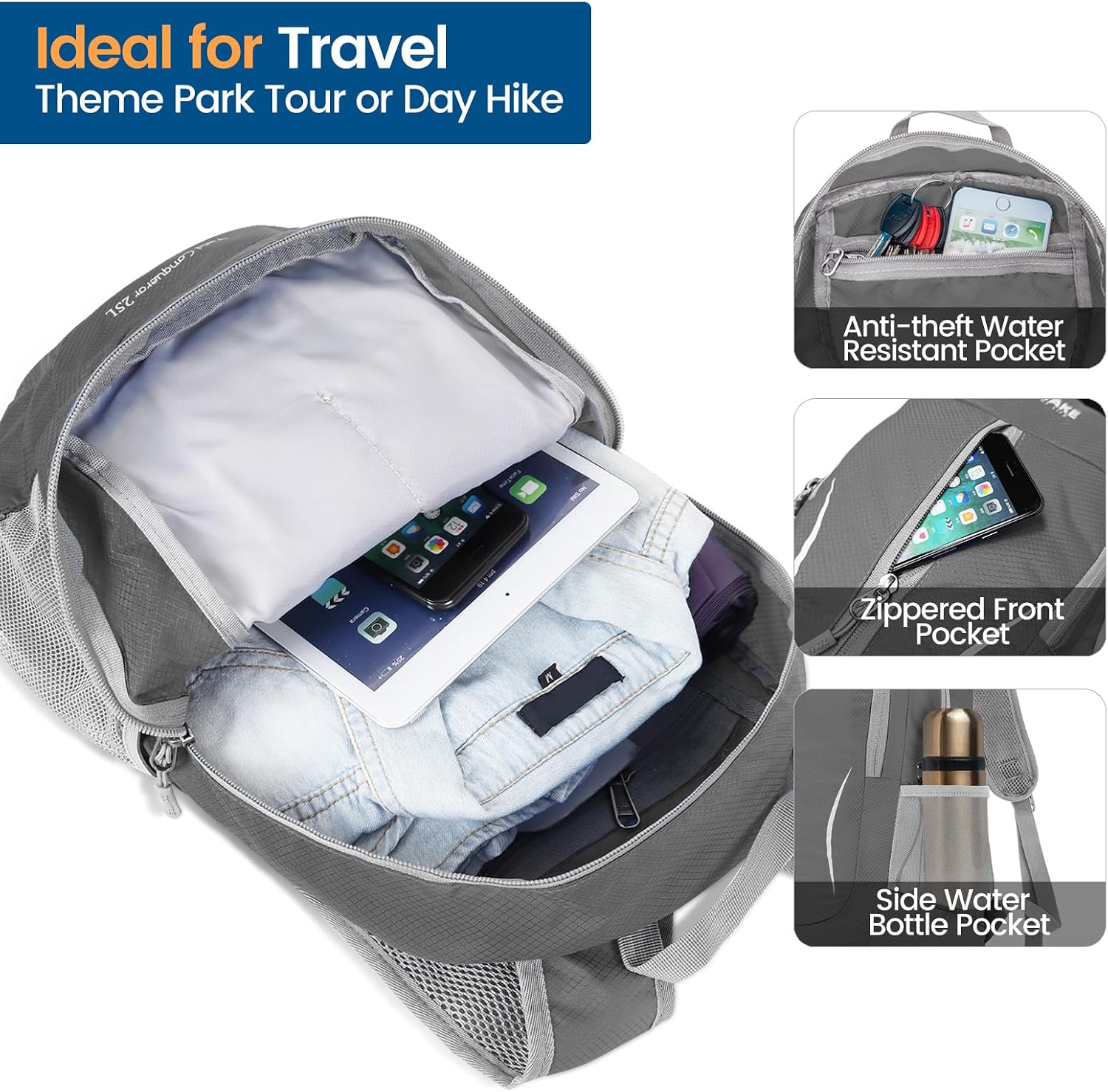Detalle de ZOMAKE sac à dos pliable ultra léger 25L — petit daypack de randonnée packable