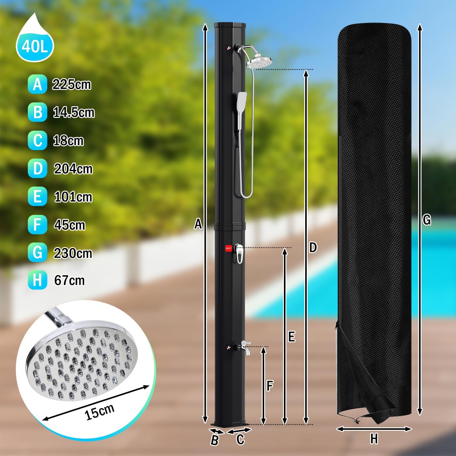 Thumbnail 6 de Randaco Solardusche Solar Gartendusche – 40 L, bis zu 60°C, ohne Strom, 360° Duschkopf, Fußhahn, Schwarz