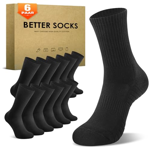 Detalle de TUUHAW Black Socks – Men's and Women's Sports Crew Socks (6 Pairs) Cotton Blend