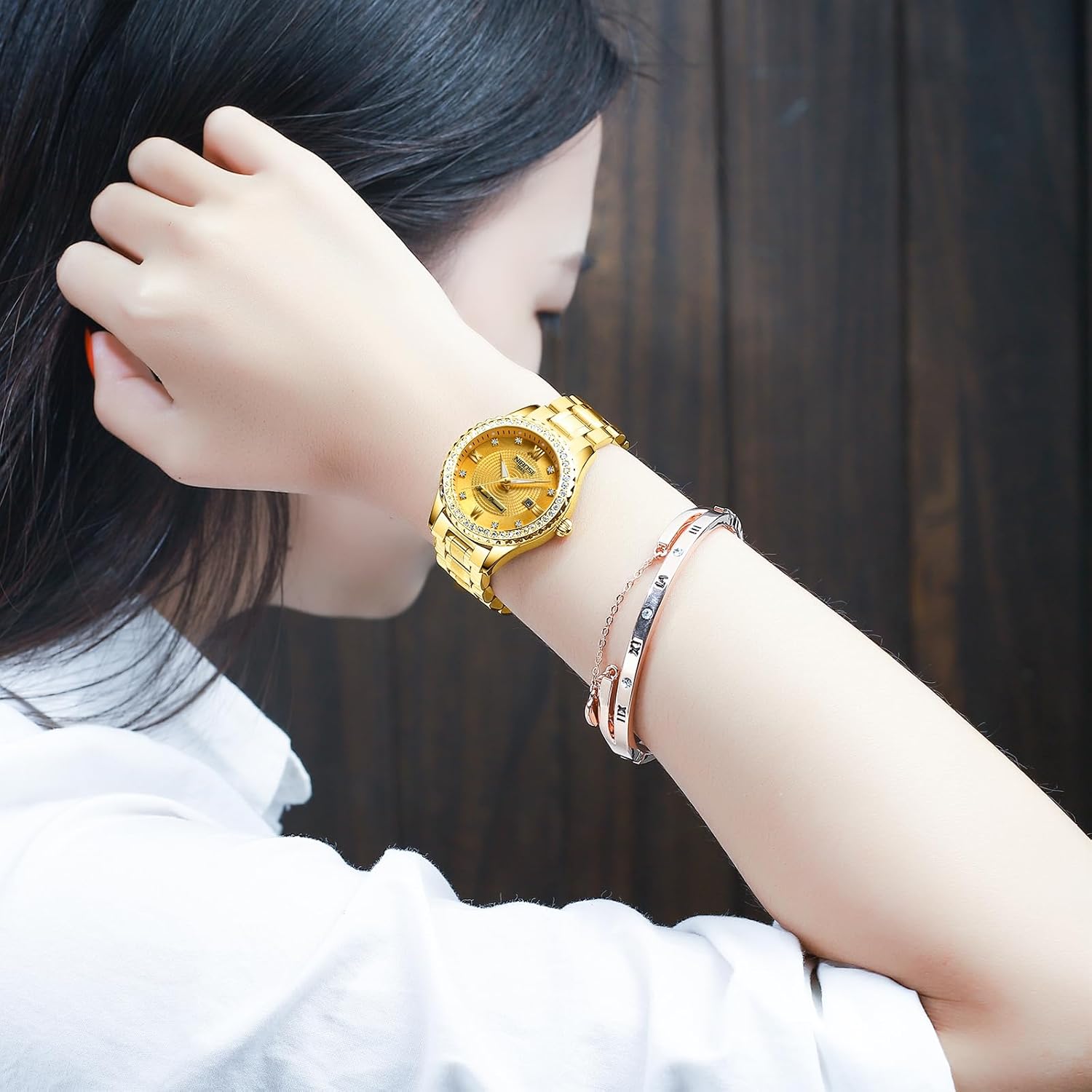 Thumbnail 6 de NIBOSI Damen-Armbanduhr mit Quarzwerk, Mineralglas und roségoldfarbenem Diamant-Zifferblatt