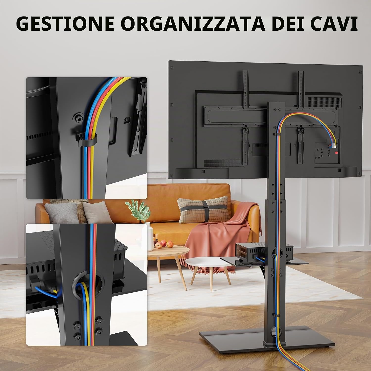 Thumbnail 4 de BONTEC Supporto TV da pavimento universale 30–70 pollici, altezza regolabile e ripiani in vetro temperato