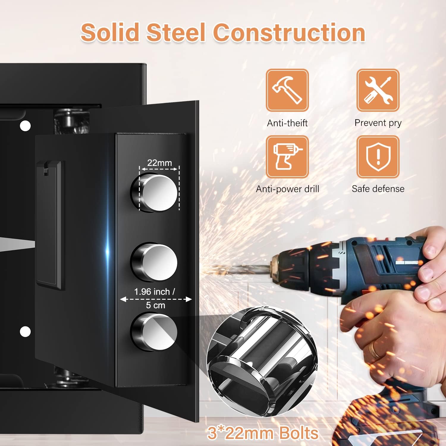 Detalle de Mejasg Safe Tresor feuerfest & wasserdicht 25L mit externem Batteriefach und herausnehmbaren Regal
