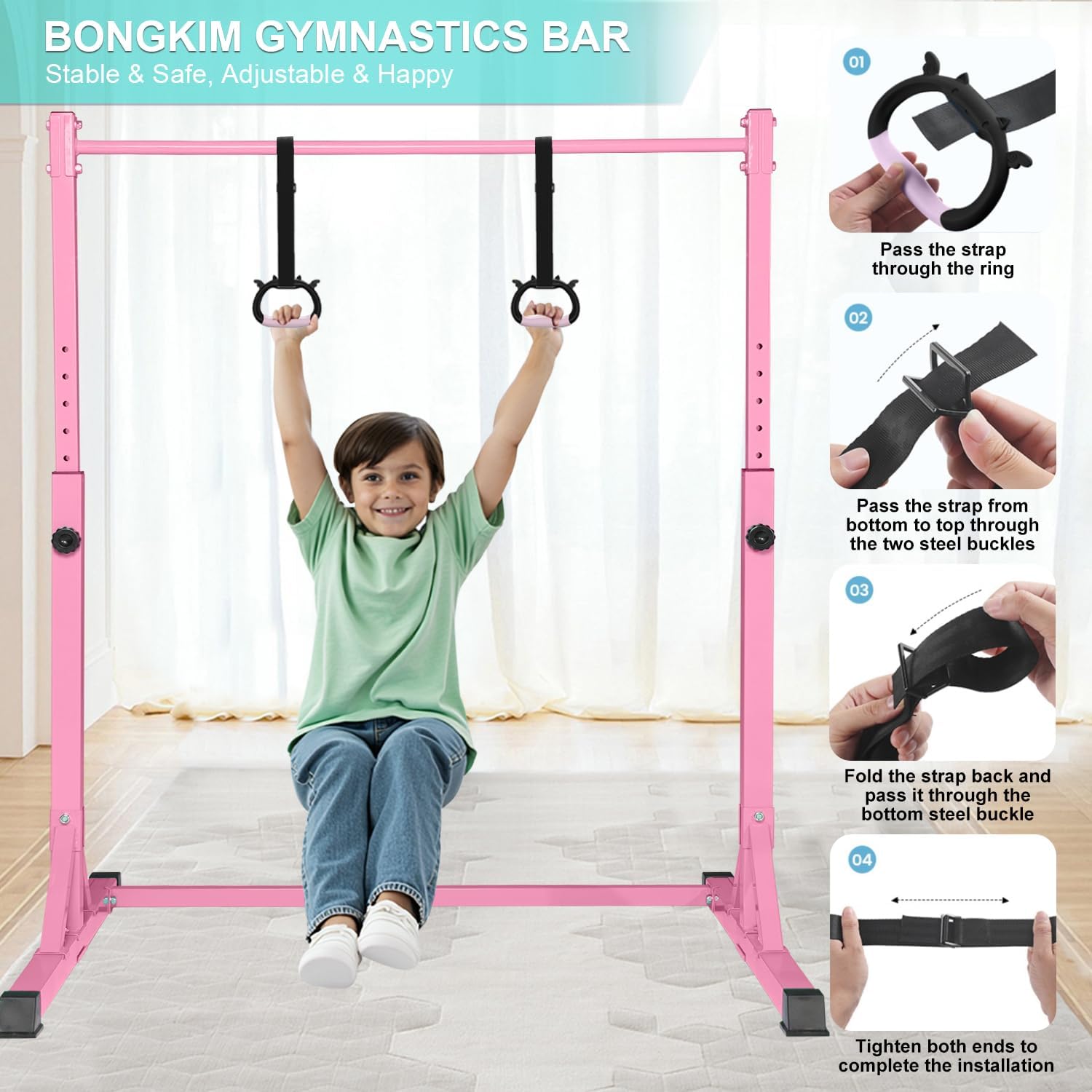 Detalle 2 de Bongkim Kids’ Adjustable Gymnastics Bar with Steel Frame and Fibreglass Rail