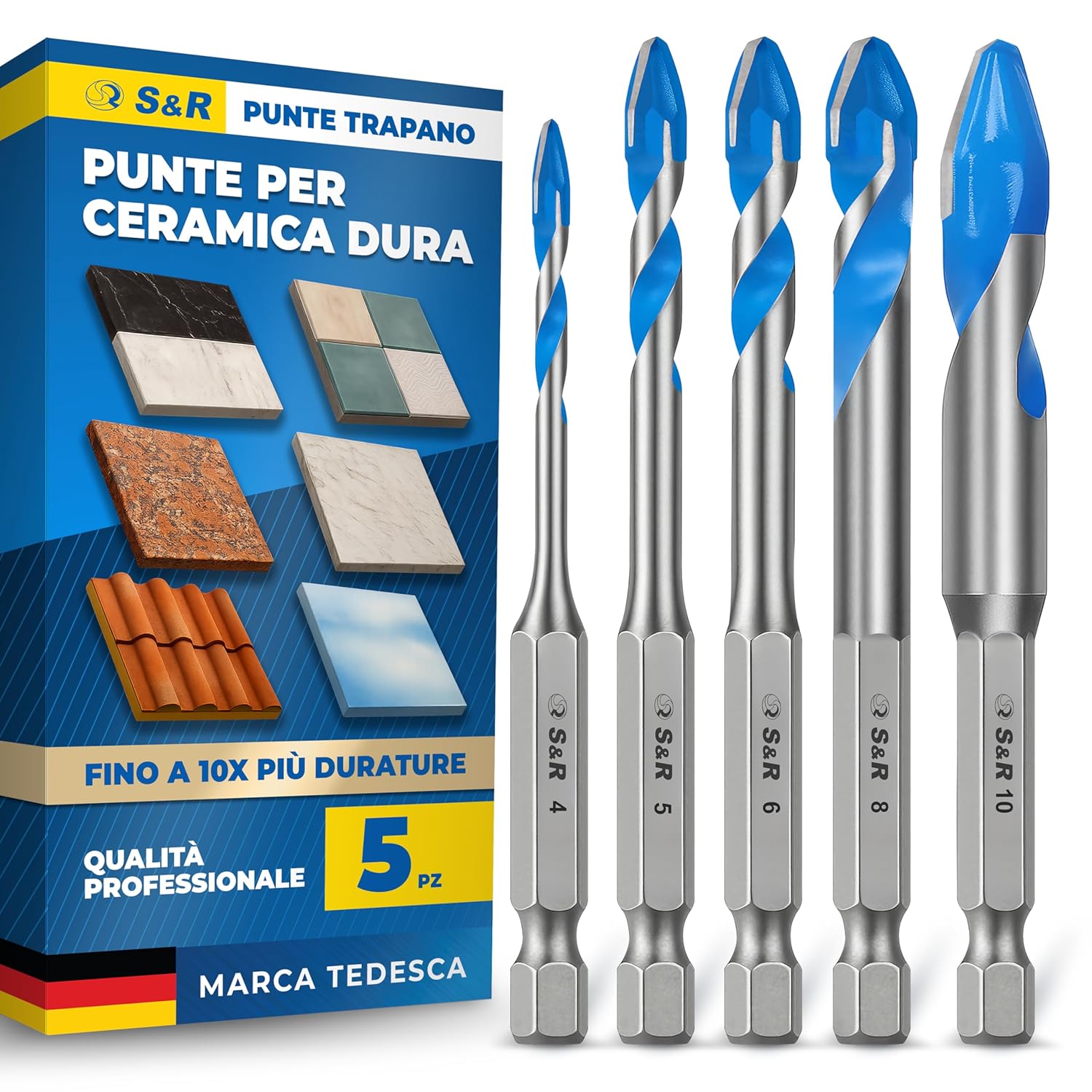 S&R Set Punte Trapano per Ceramica Dura 5 pezzi 4/5/6/8/10 mm con codolo esagonale 1/4”