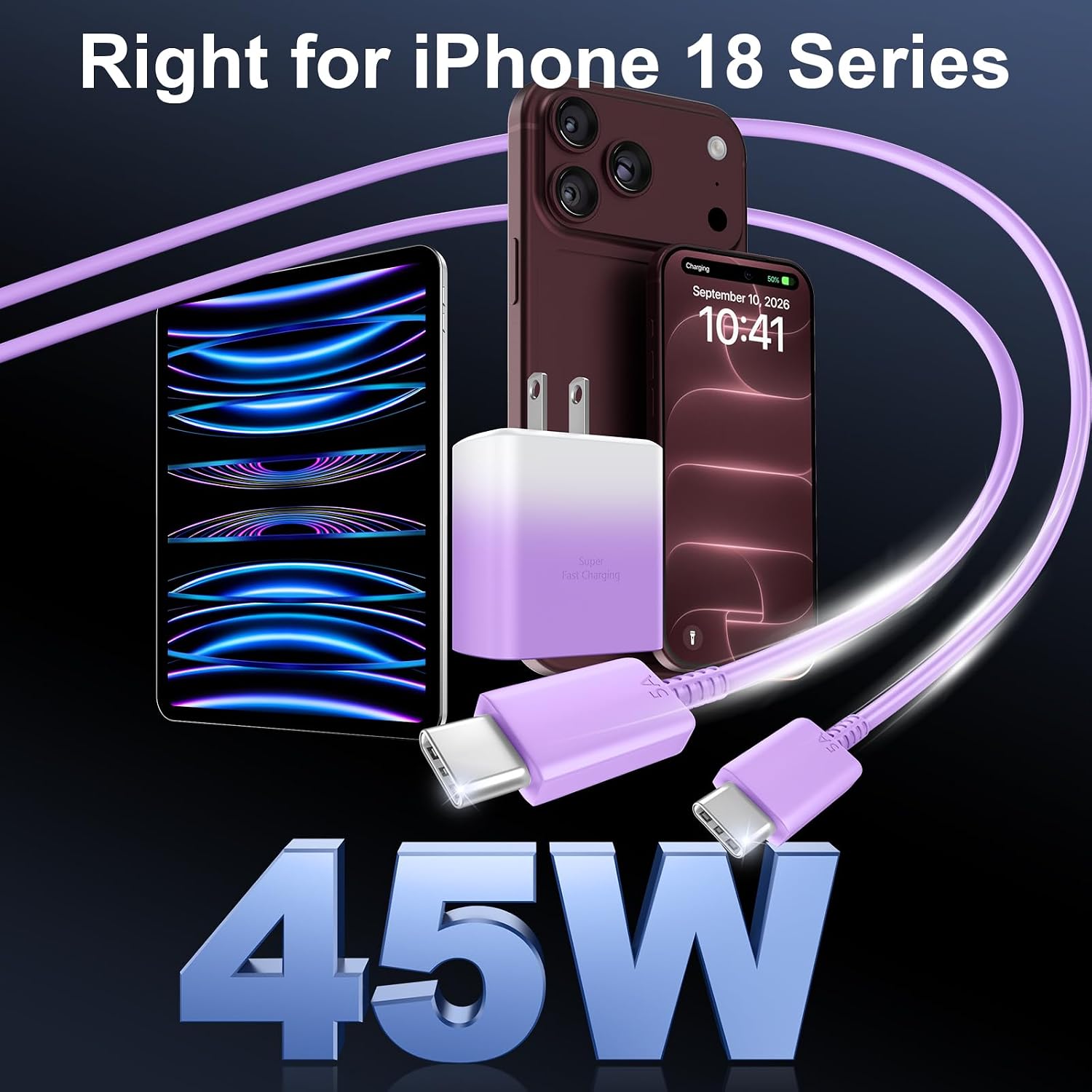 Thumbnail 4 de Phone 16 Pro Max Charger Fast Charging – 45W USB-C Block + 10ft Cable