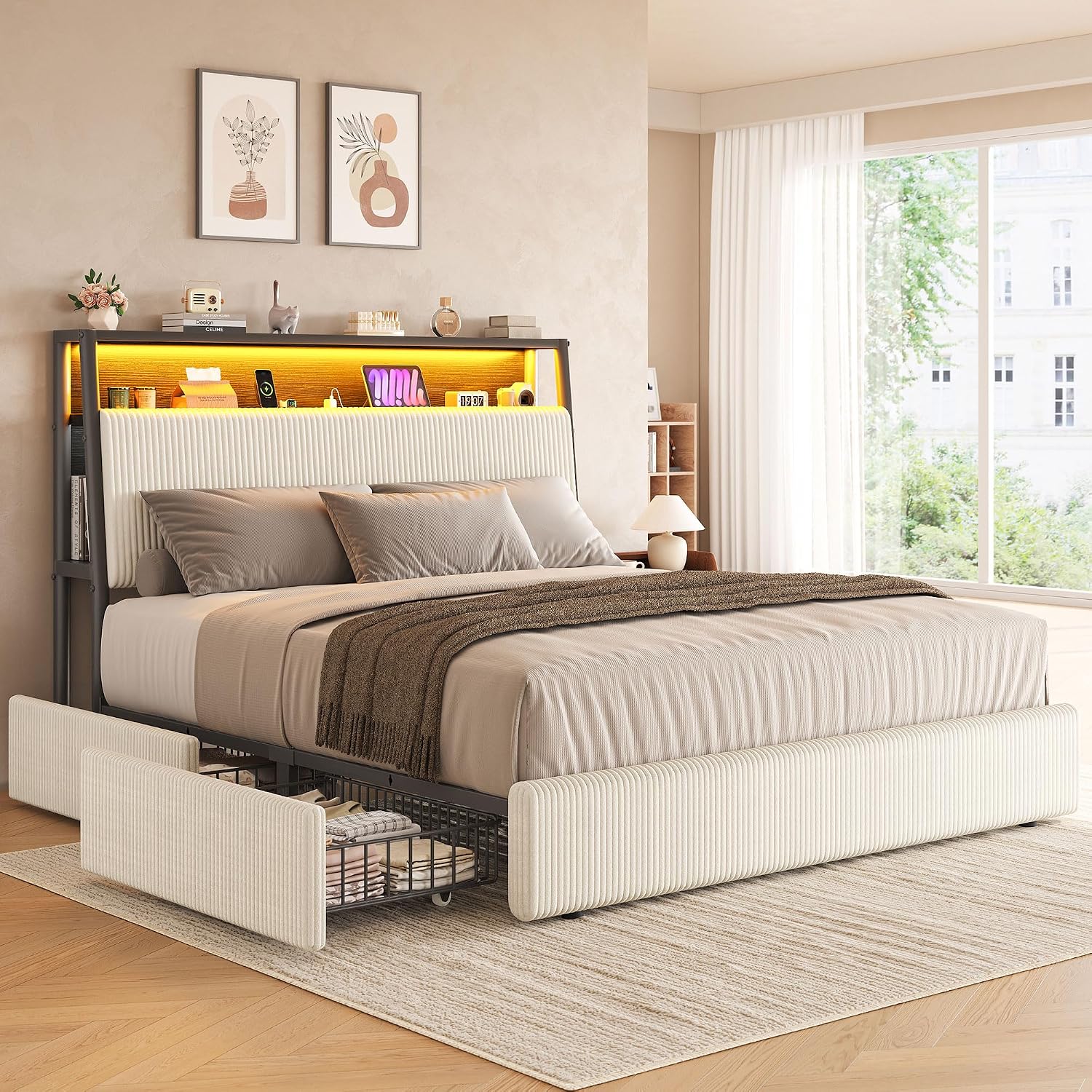 Detalle 2 de Full LED Bed Frame with Corduroy Upholstery
