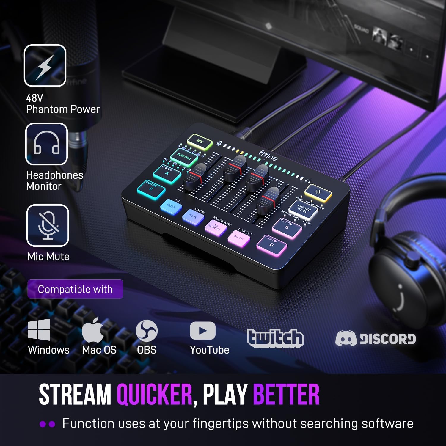 Thumbnail 6 de FIFINE SC3 4-Channel RGB Gaming Audio Mixer with XLR Input and 48V Phantom Power