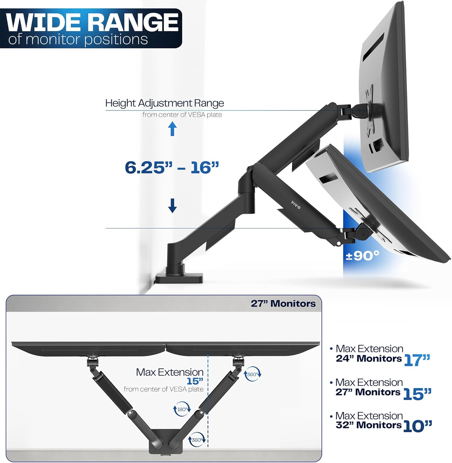 Thumbnail 3 de VIVO STAND-V002O Dual Arm Monitor Desk Mount: Height‑Adjustable, Tilt, Swivel, for 17–32" Screens