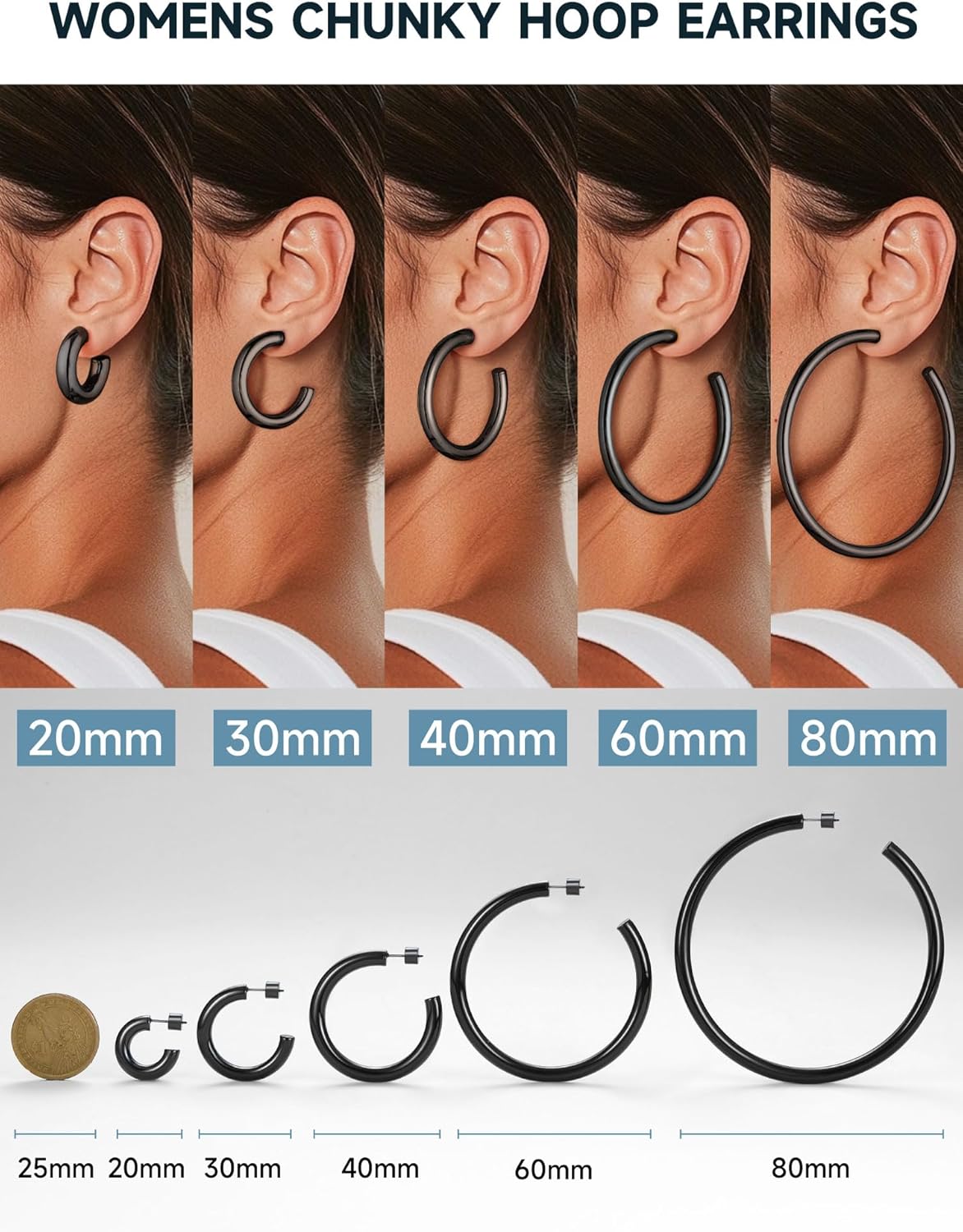 Thumbnail 3 de PROSTEEL Boucles d’oreilles femme en anneaux ouverts noir/plaqué or acier inoxydable 20/30/40/60/80 mm