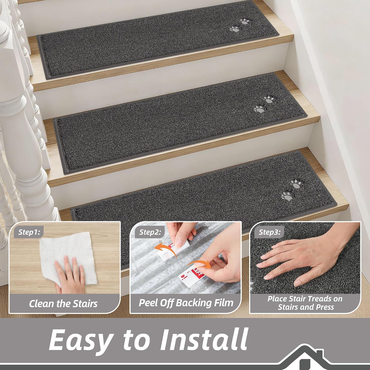 Thumbnail 3 de BEQHAUSE Stair Treads: 15 Non-Slip 22x70 cm Carpet Treads for Wood Stairs (Dark Grey), 100% Polyester