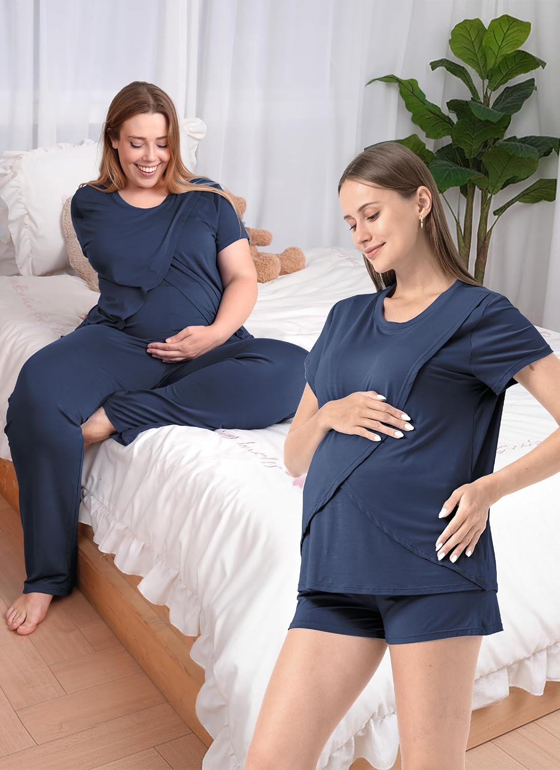 Detalle 2 de Rnxrbb 3-Piece Postpartum Nursing Pajamas Set (Short-Sleeve Top, Shorts, Long Pants) for Breastfeeding