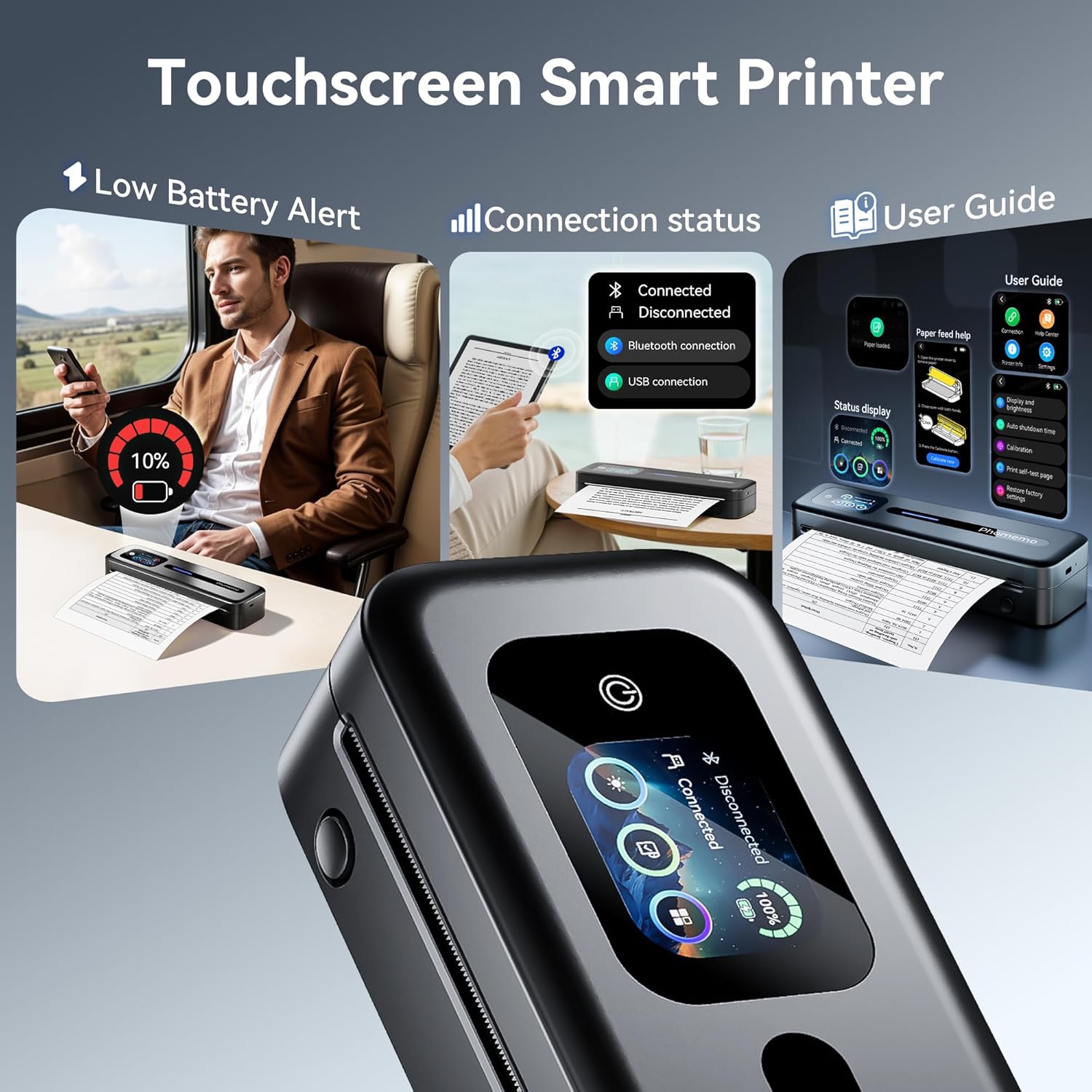 Detalle 2 de Phomemo M832D Thermodrucker A4 – Mobiler Bluetooth/USB-Drucker mit Touchscreen, 300 DPI