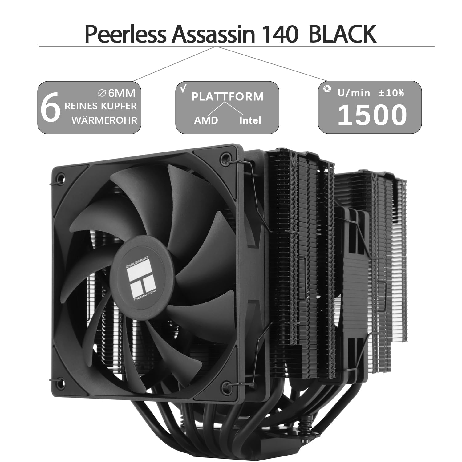 Detalle de TR-Thermalright Peerless Assassin 140 Black – Dual-Tower CPU-Kühler mit 6 Heatpipes, 120/140 mm Lüfter, kompatibel mit AM4/AM5 und Intel-LGA-Sockets
