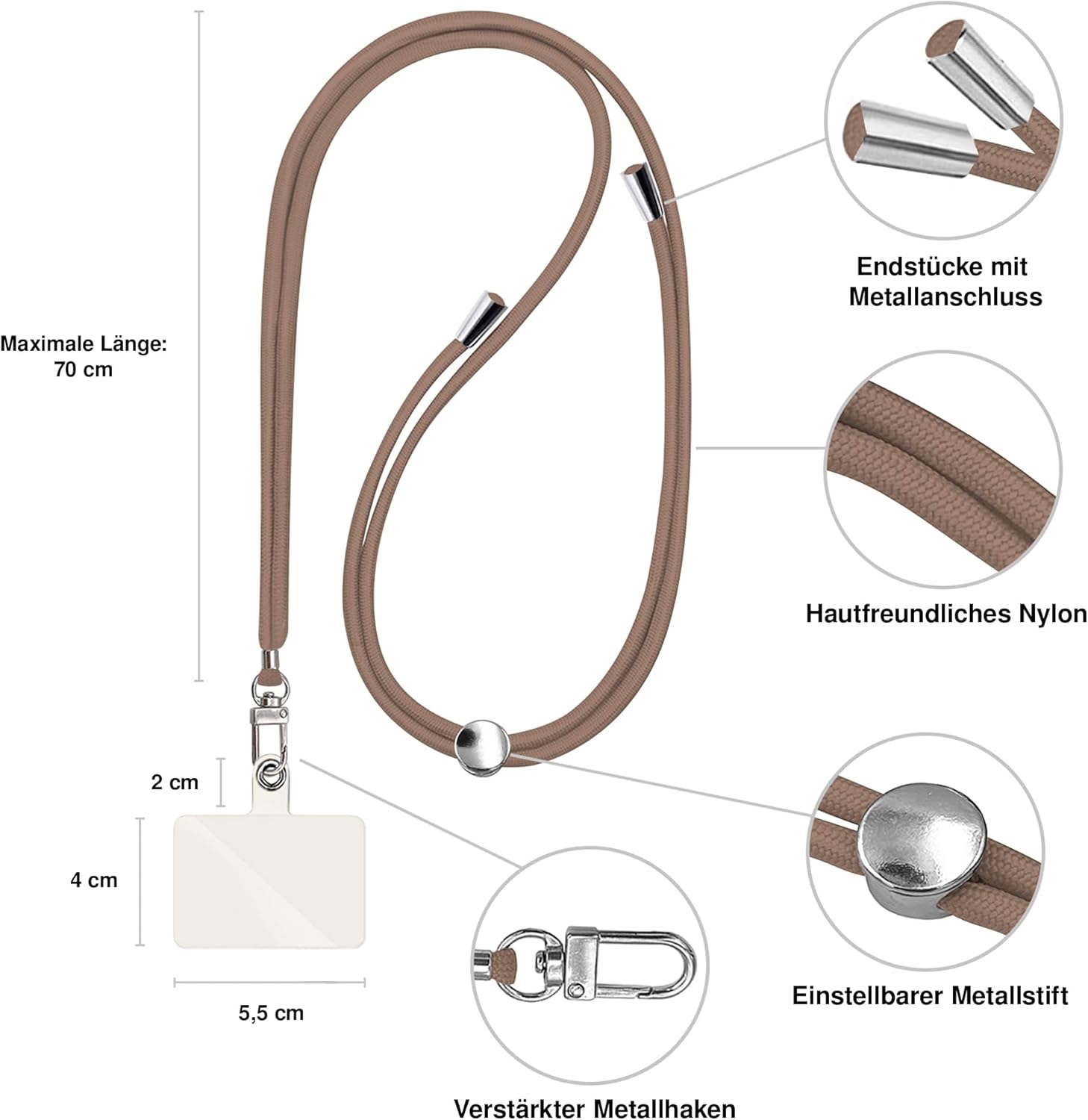 Detalle de TBOC Band Handykette/Schlüsselband (Braun + 2x Weiß Ice) mit Karabiner und Befestigungspatches – universal nutzbar