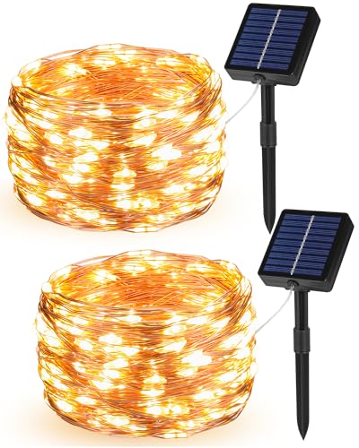 Detalle de Tacobey 2 Pack Guirnaldas Luces Exterior Solar, 20M, 200 LED – 8 Modos, Temporizador y Cables de Cobre (Blanco Cálido)