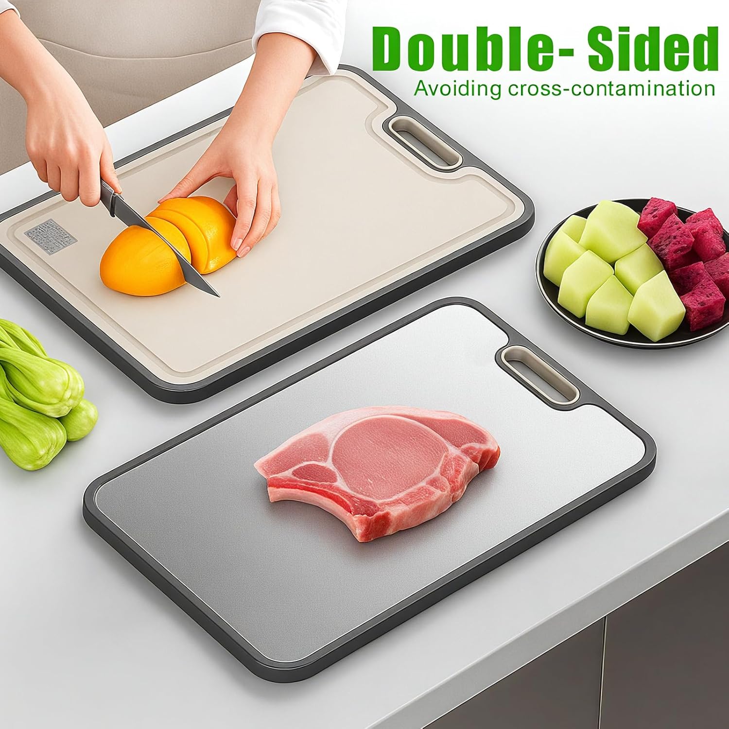 Detalle 2 de Double-Sided 304 Stainless Steel Chopping Board 39×27cm