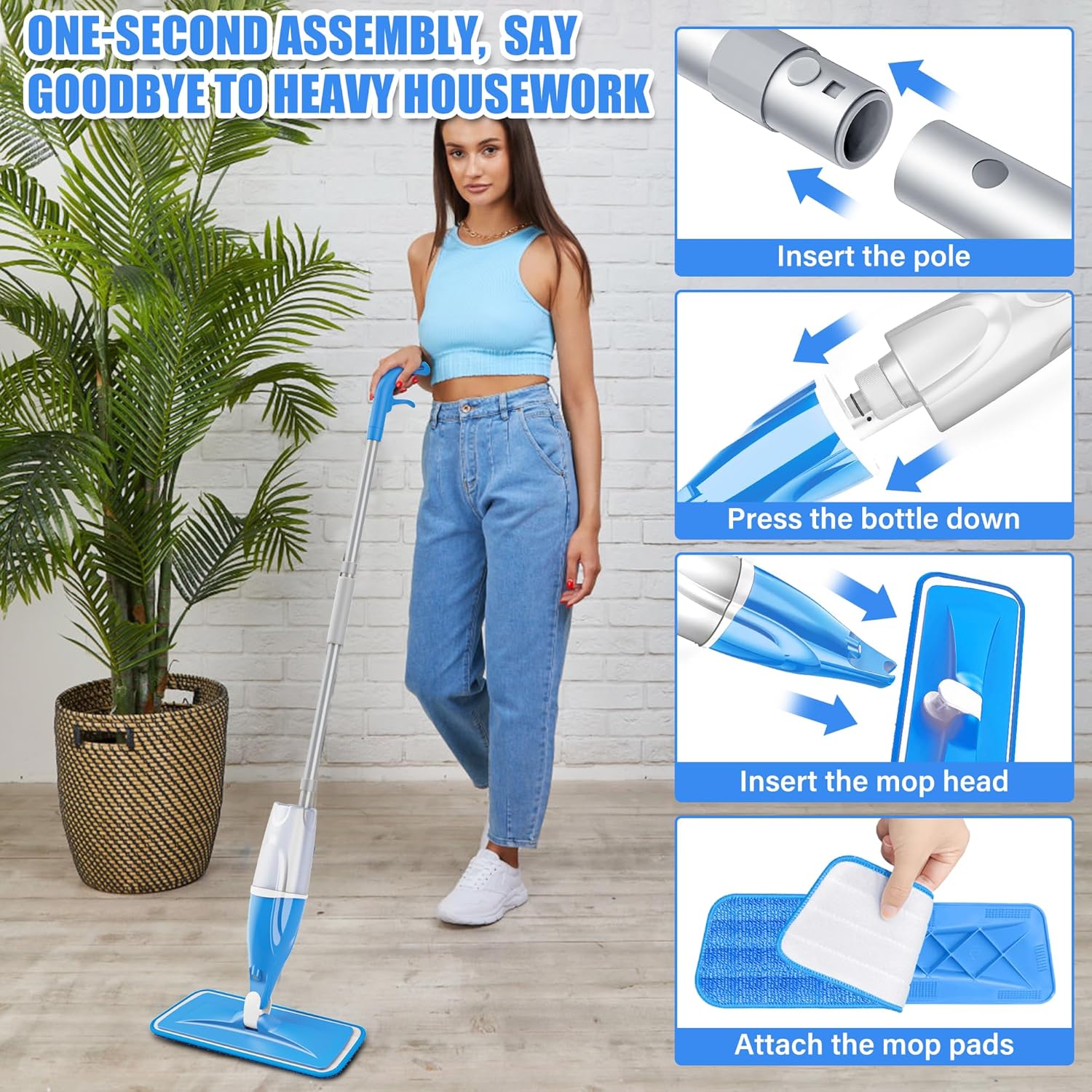 Thumbnail 4 de EXEGO Floor Flat Mop with Refillable Bottle and 4 Reusable Microfibre Pads