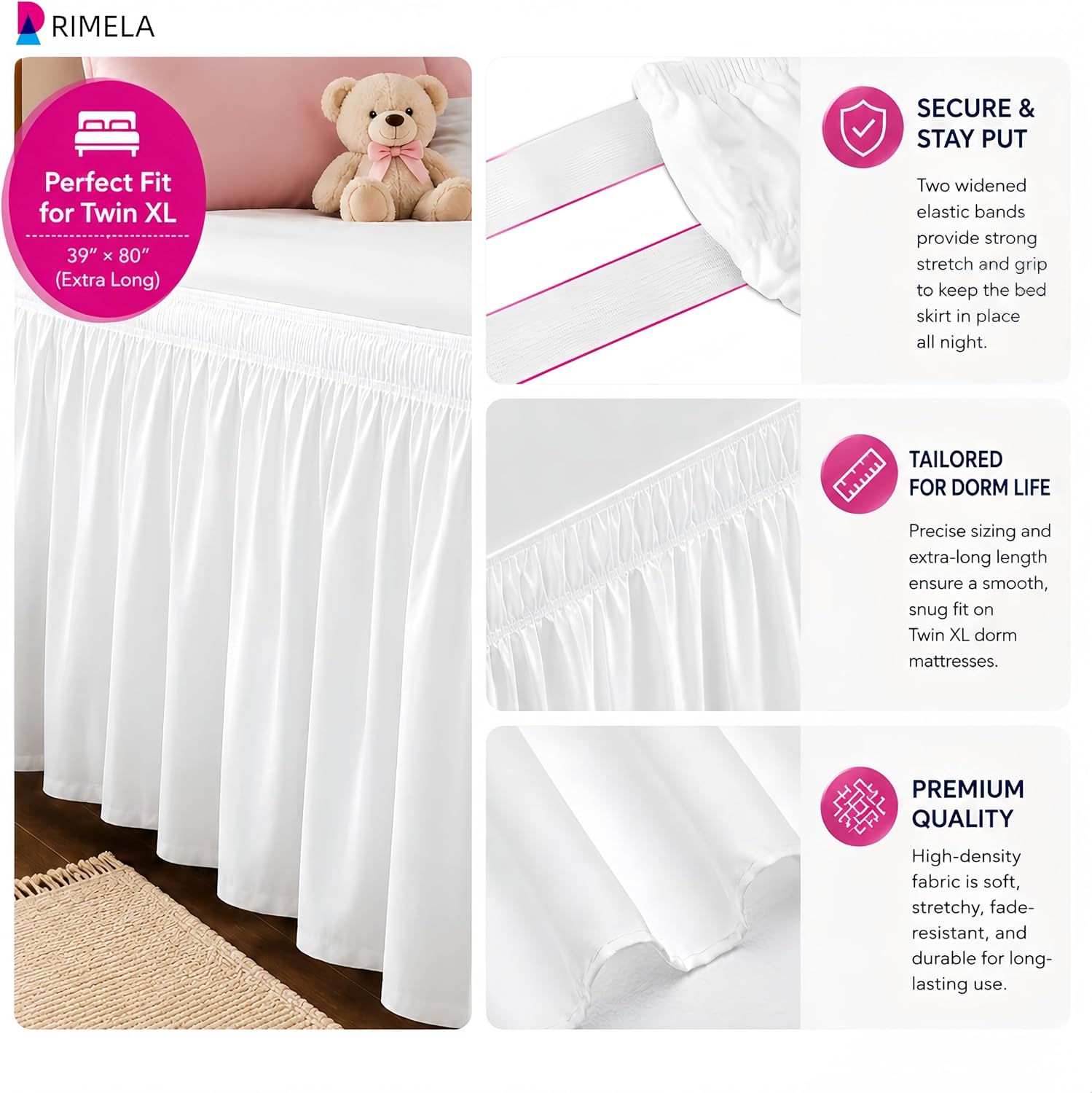 Thumbnail 6 de RIMELA Twin XL 36-Inch Drop Dorm Bed Skirt with Elastic, White Silky Fabric