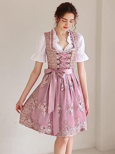 Detalle de EIISSION Dirndl Damen Midi Trachtenkleid inklusive Rock, Bluse und Schürze – Pink, Größe 36