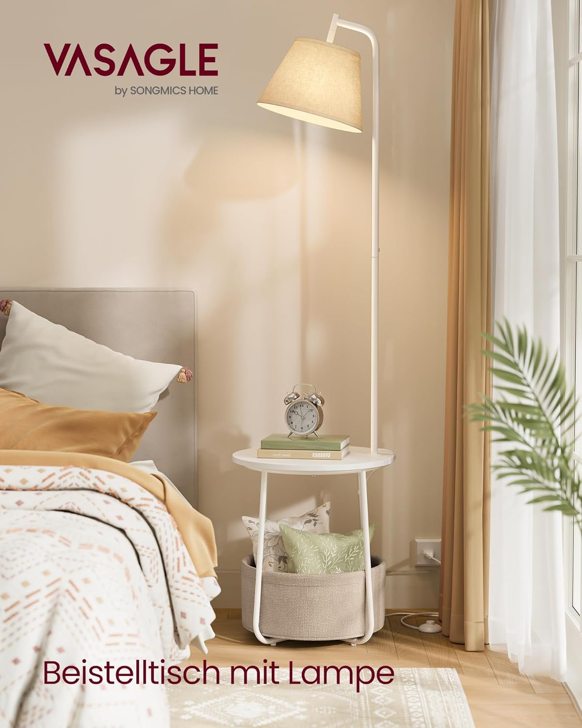 Detalle 2 de VASAGLE Beistelltisch mit Lampe 3-in-1 – Tisch, Lampe und Aufbewahrungskorb, mattweiß LFL004WC04