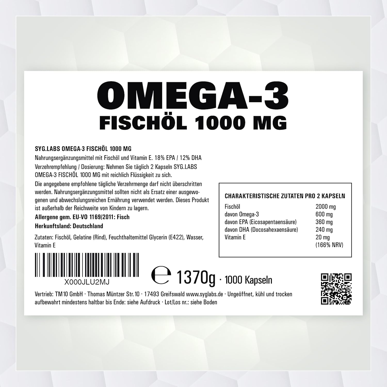 Thumbnail 2 de Syglabs Omega 3 Fischöl 1000mg – 1000 Kapseln, 2000mg Tagesdosis, 360mg EPA / 240mg DHA