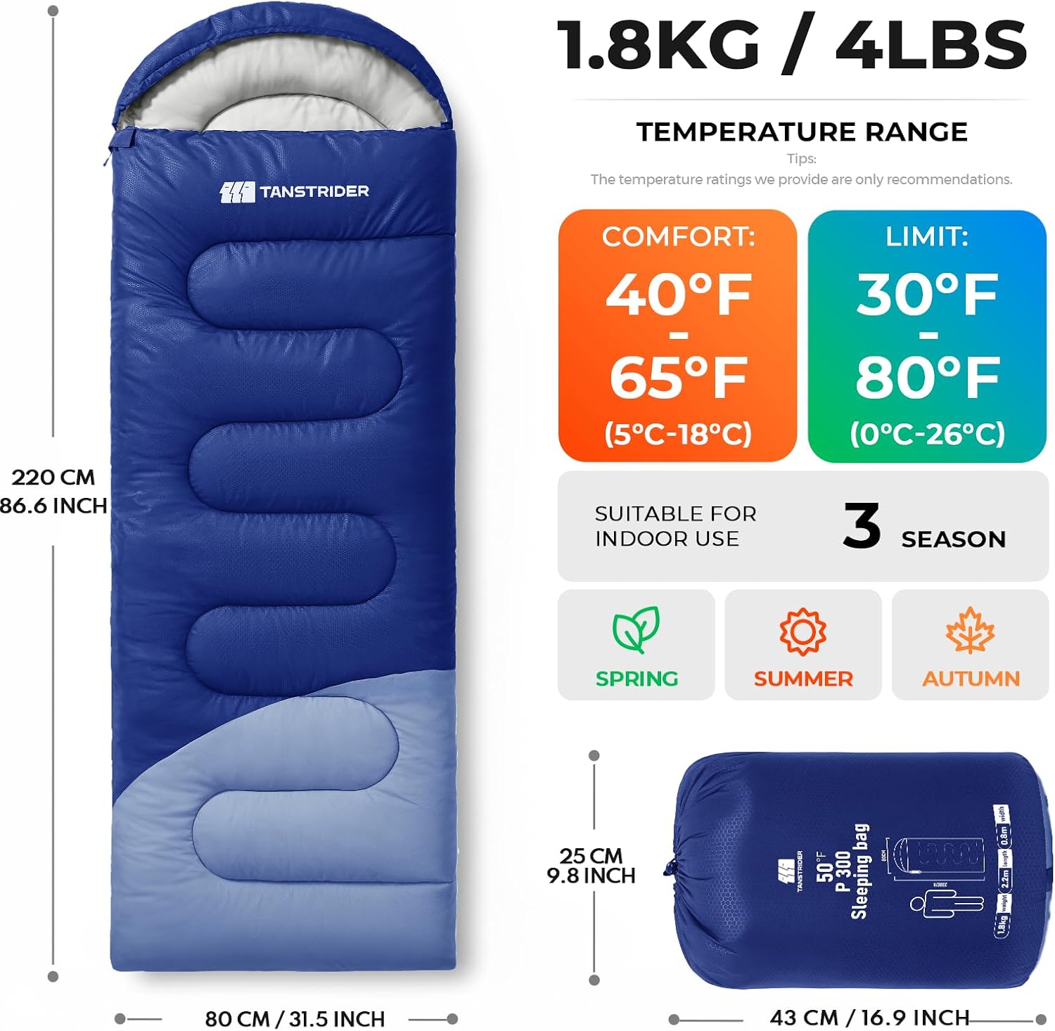 Thumbnail 1 de TANSTRIDER KJFCB54033156-US01 Sleeping Bag, 3-Season Polyester