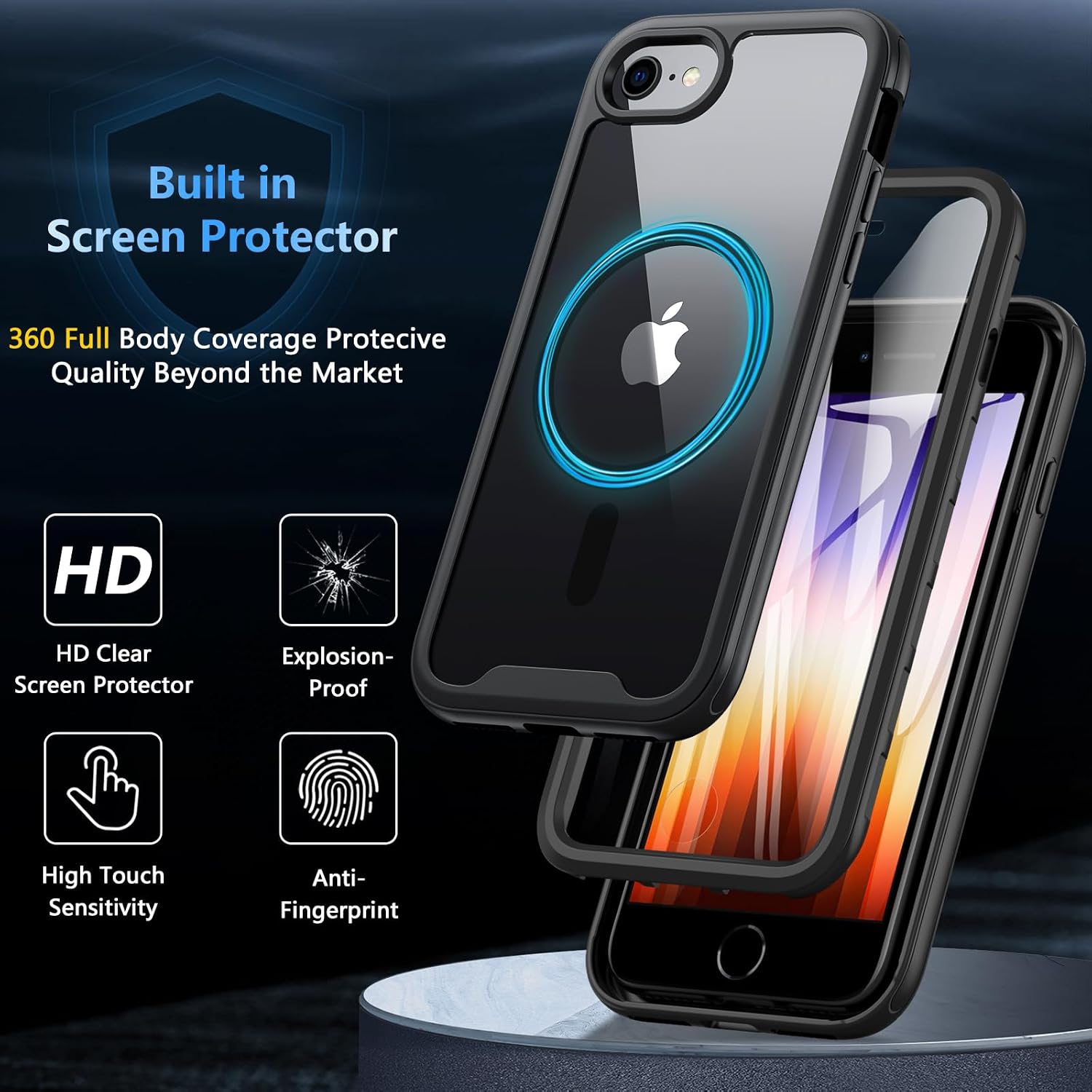 Thumbnail 1 de OWKEY Magnetic iPhone SE 2022/SE 2020/8/7 Case with 360° full-body protection and built-in screen protector (Black)