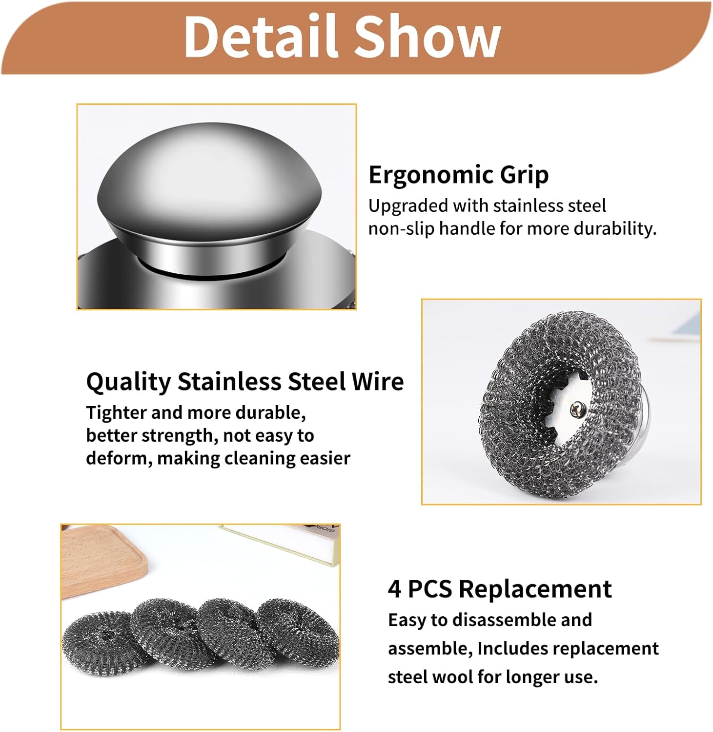Thumbnail 1 de 5Pcs Steel Wool Scrubber with Replacement Pads Set — Stainless Steel Scrubber with Handle for Tough Grime