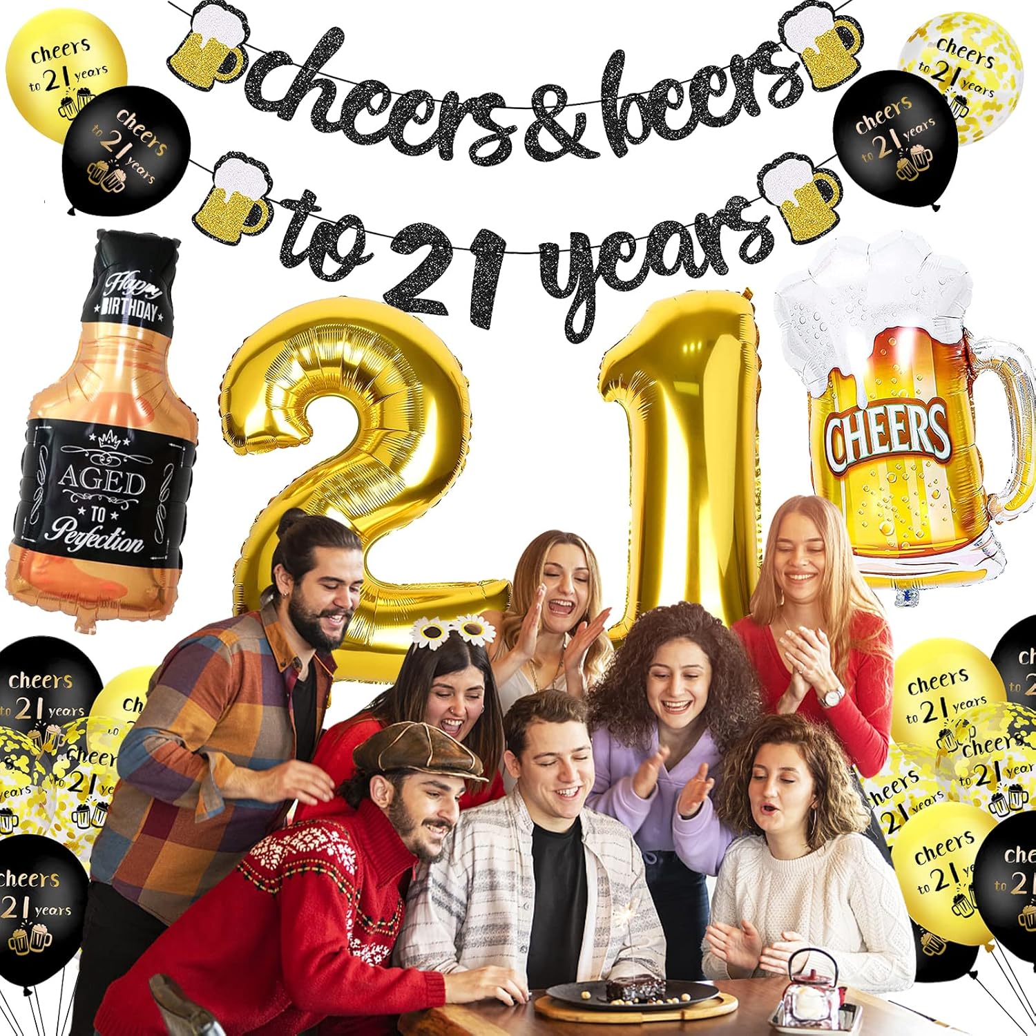 Detalle de 21st Birthday Decorations set with black & gold “cheers to 21 years” banner and foil number 21 balloons