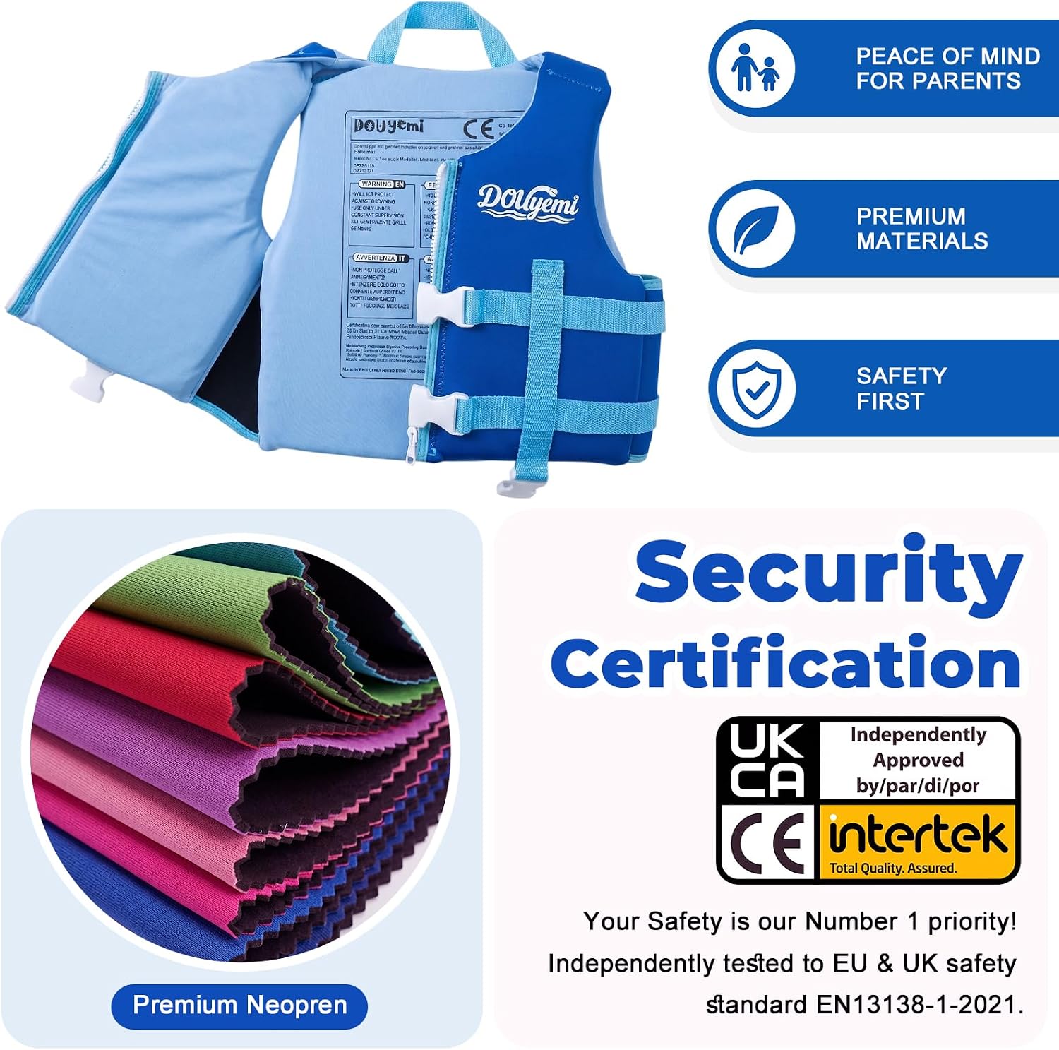 Detalle de Kids Swim Vest Float Jacket for 15–35kg Children – Adjustable Safety Straps, Front Zip, JACKET & CROTCH Design