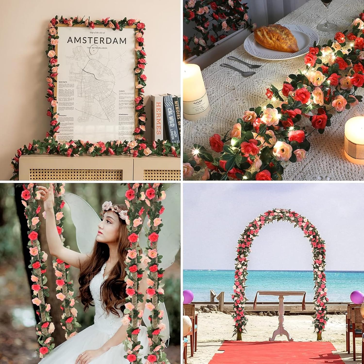 Detalle 1 de Artificial Rose Garland Set, 12 Strands