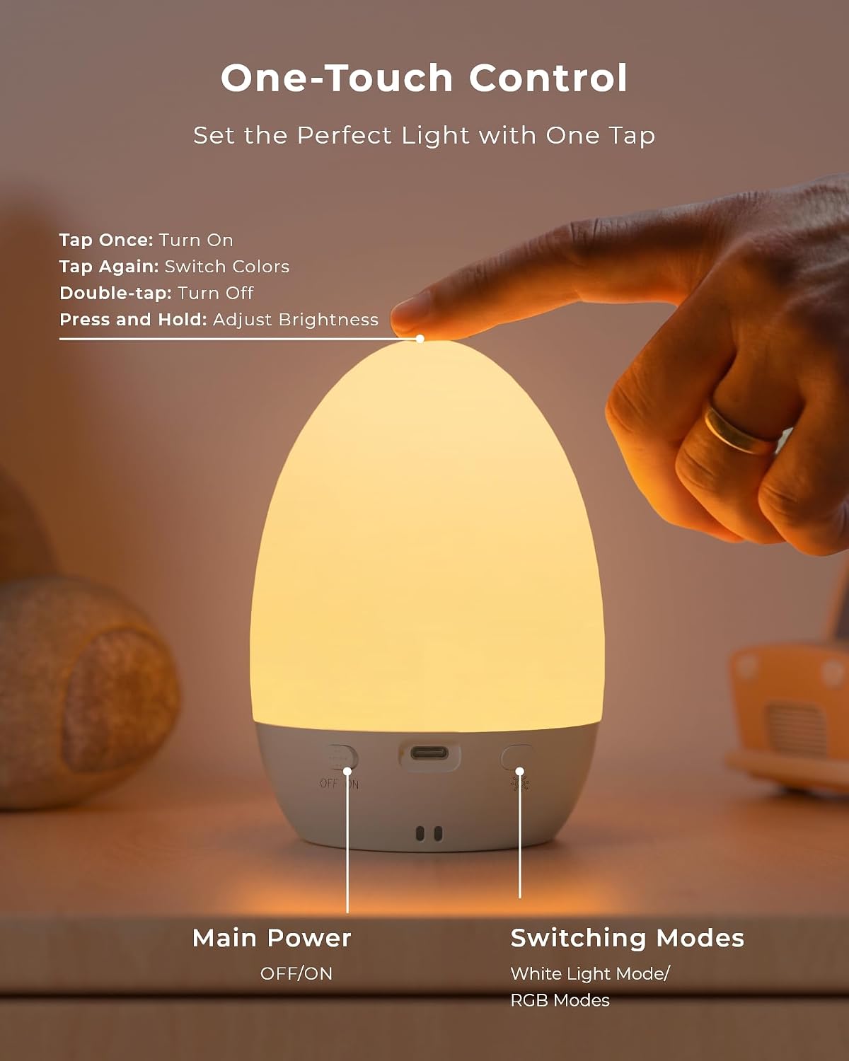 Detalle 2 de FULNIX NL01 Egg Night Light for Nursery, Touch Control and 17 Colour Modes