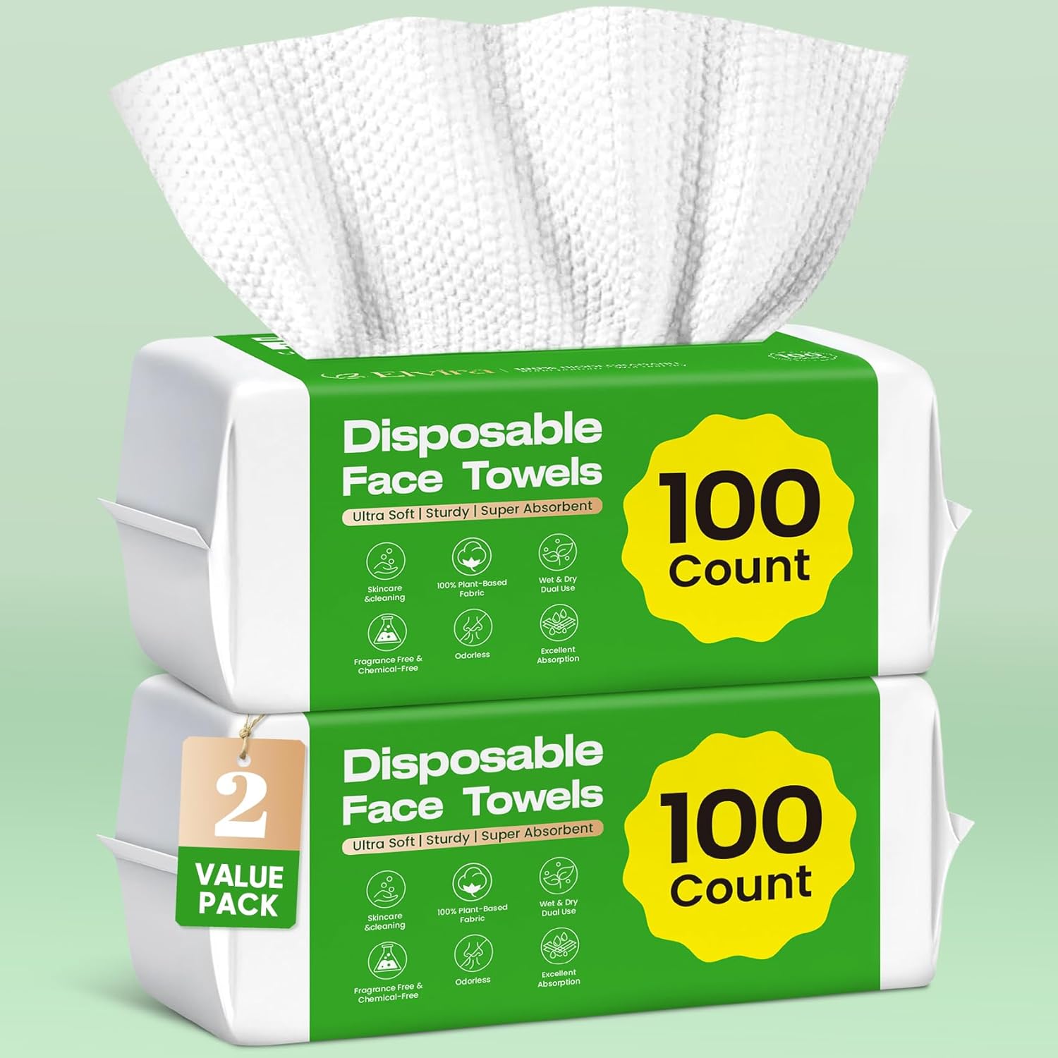 Elvira 200 Count (2 Pack) Disposable Face Towels: Biodegradable, Ultra-Soft Cleansing Wipes for Sensitive Skin