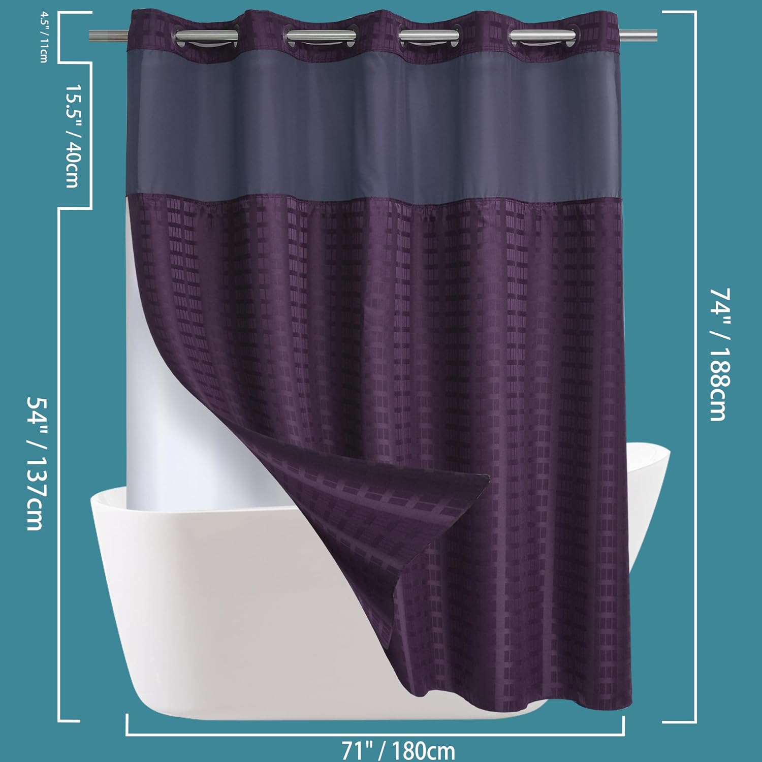 Detalle de Conbo Mio 1 Hotel-Style Shower Curtain, Check-Purple, 71W x 74H