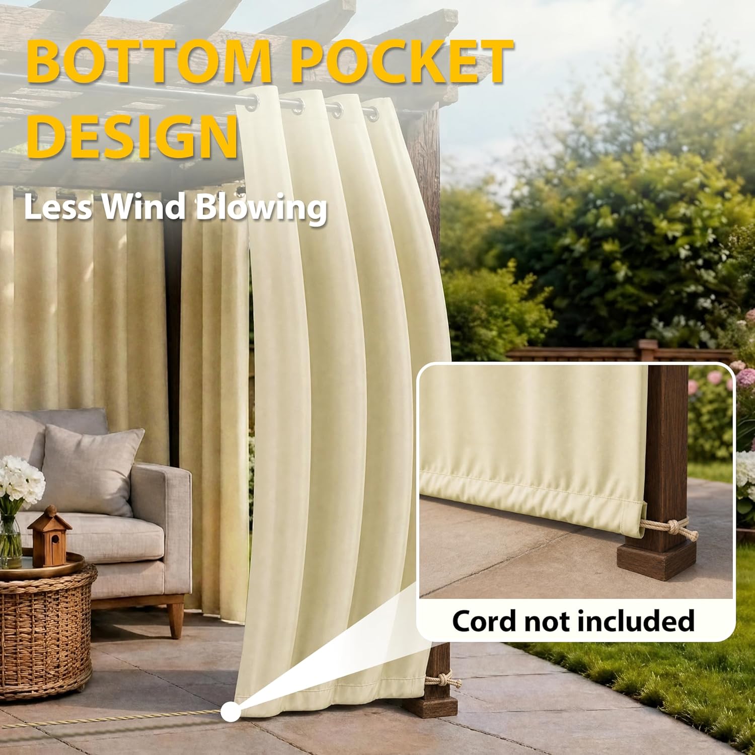 Detalle de BONZER Waterproof Outdoor Curtain 54x84 in, Cream – Premium Privacy Curtain for Patio & Garden