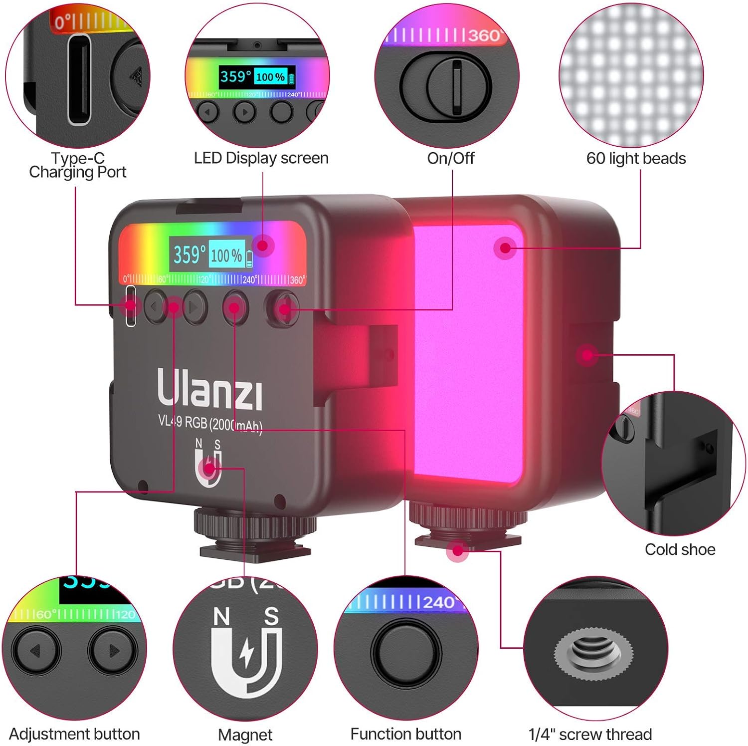 Detalle 2 de ULANZI VL49 RGB LED Video Light 2000mAh
