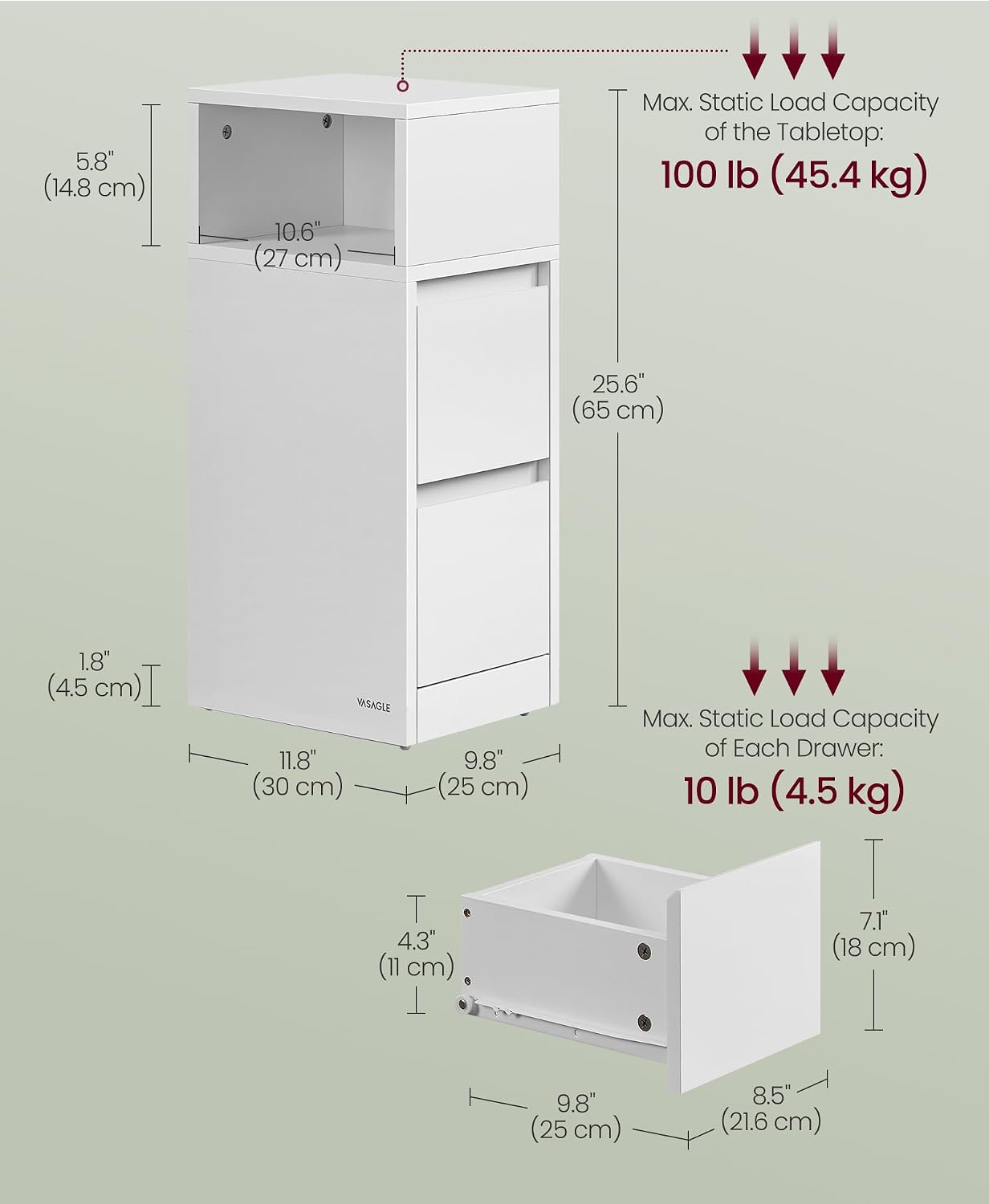 Detalle de VASAGLE Slim Twin Nightstands, Kailyn Collection, Set of 2 in Cloud White