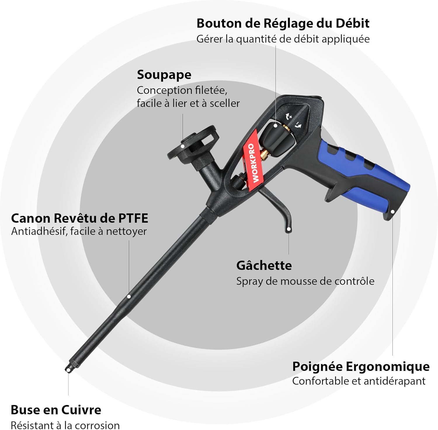 Detalle de WORKPRO Pistolet Mousse Polyurethane – Pistolet à mousse expansive à poignée à une main et sortie réglable