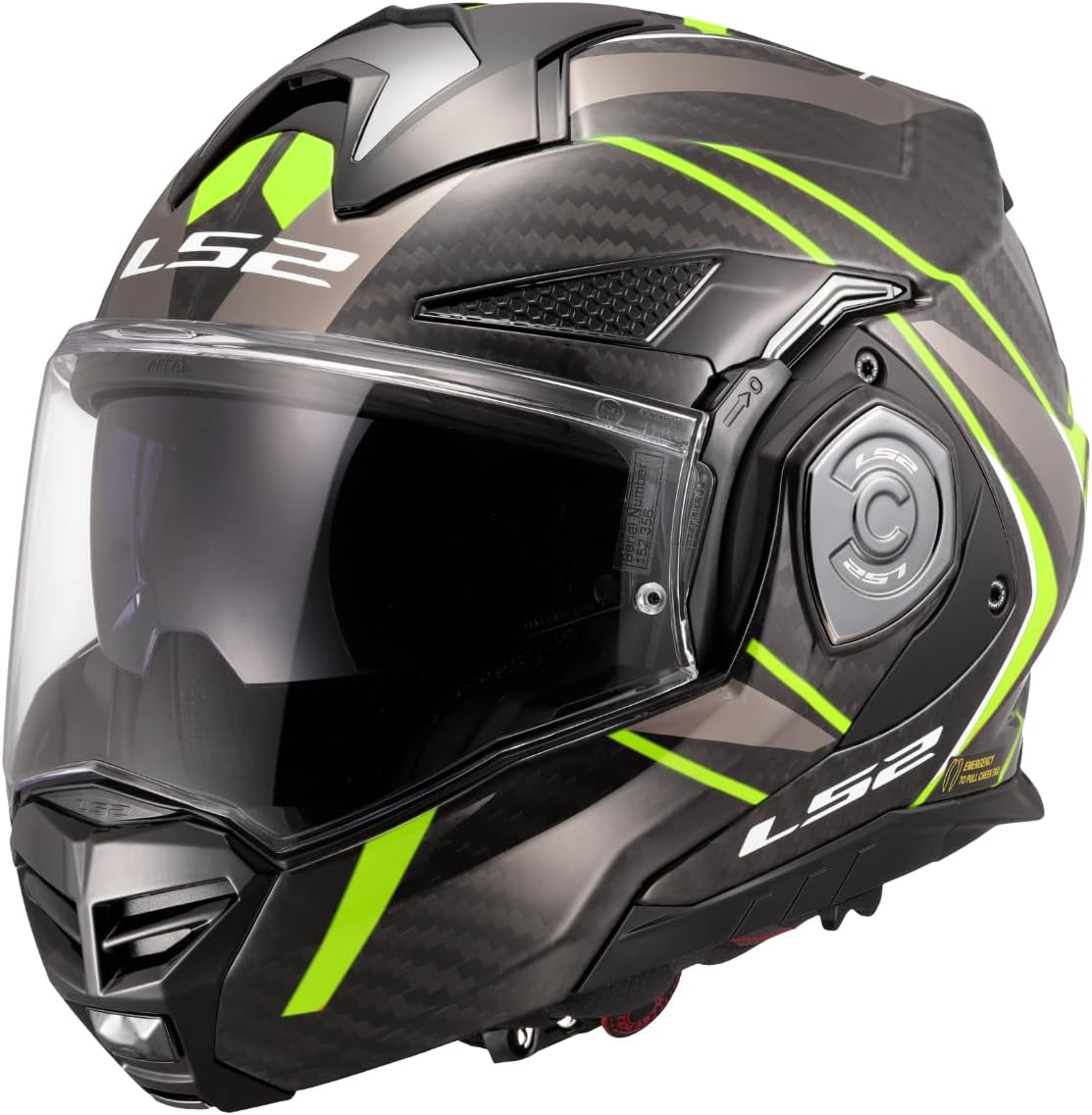 Detalle de LS2 ADVANT X CARBON FUTURE II Gloss H-V Yellow, M – Casco modulare con visiera retrattile e antinebbia