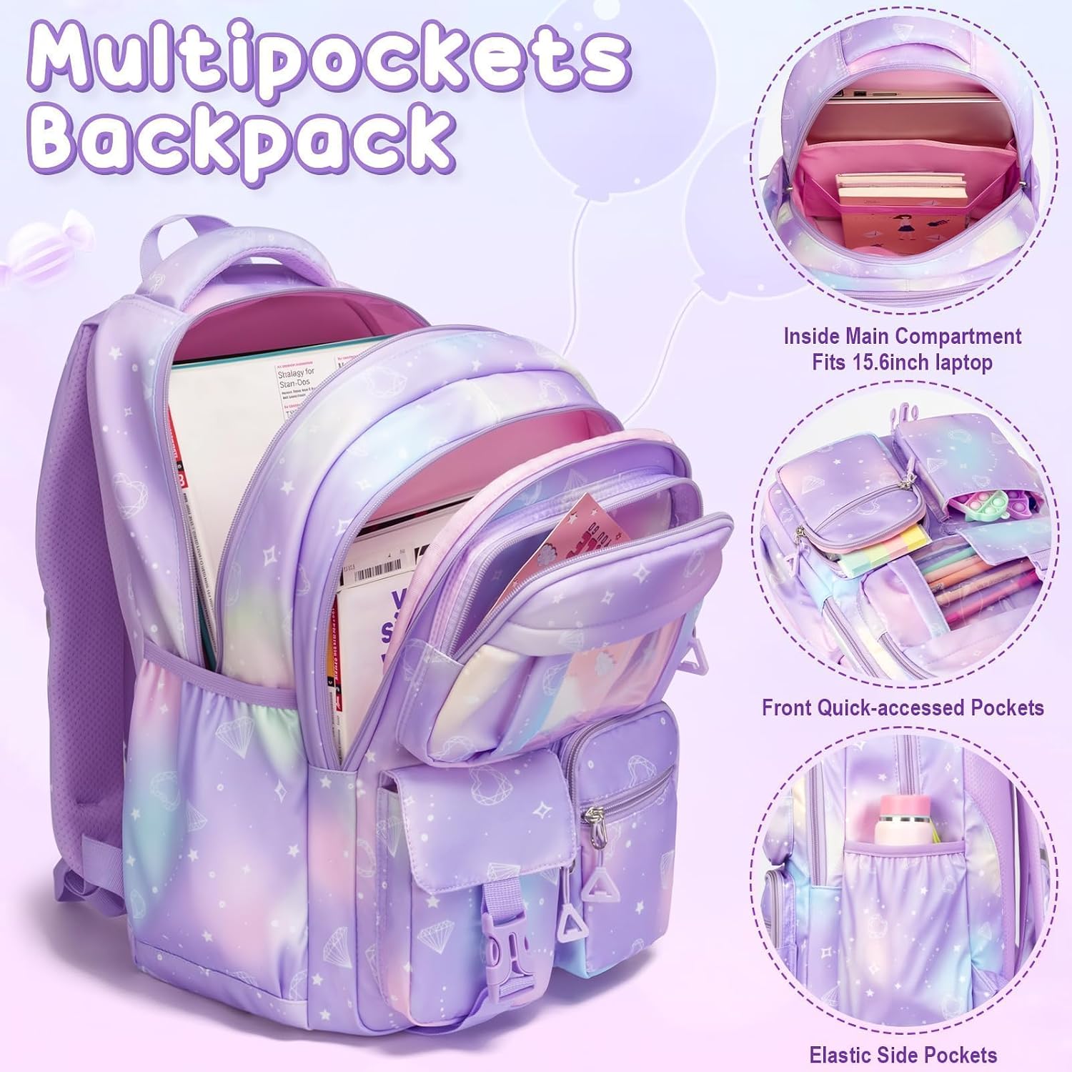 Thumbnail 5 de Fimibuke 3-in-1 Kids Backpack Set for Girls: 17x12x6.5 Lightweight, Water-Resistant School Backpack with Insulated Lunch Box & Pencil Pouch