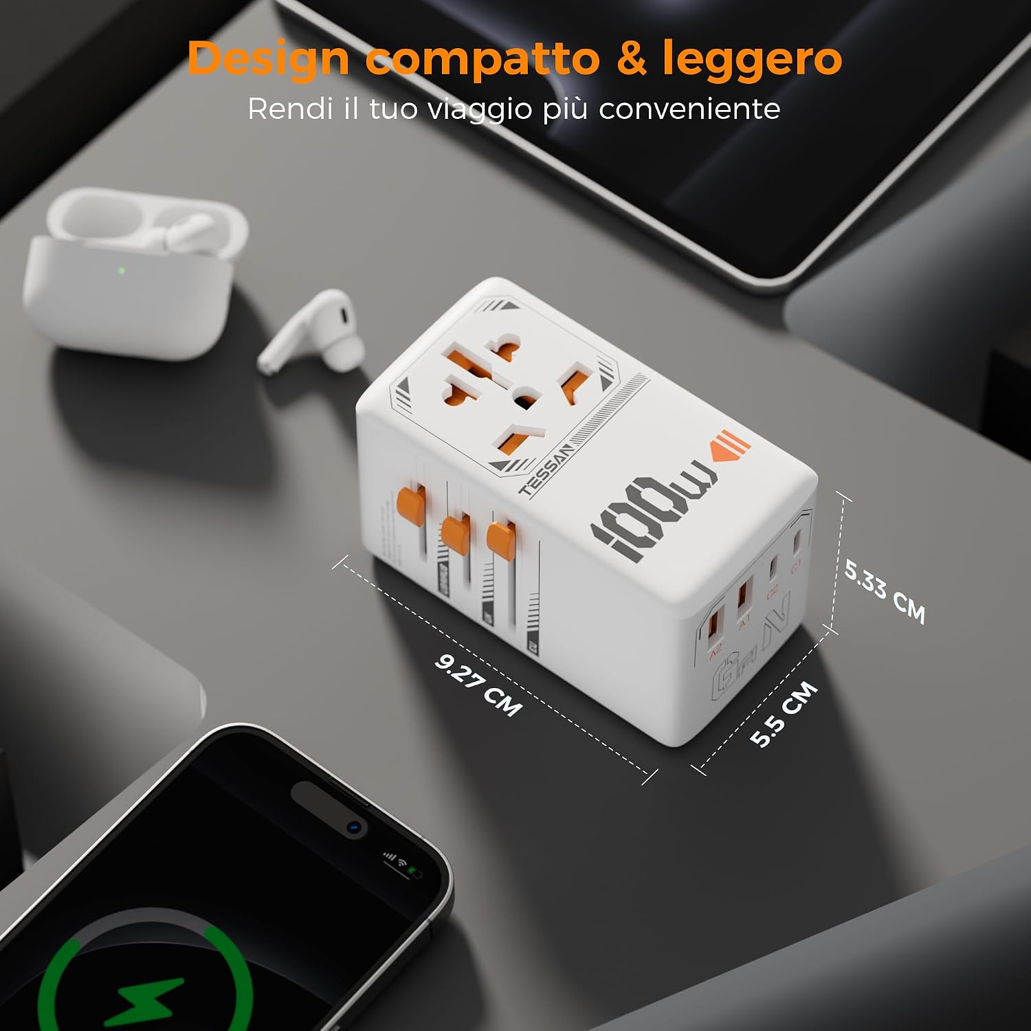 Detalle de TESSAN 100W GaN Adattatore Universale da Viaggio: carica 5 dispositivi con una sola presa