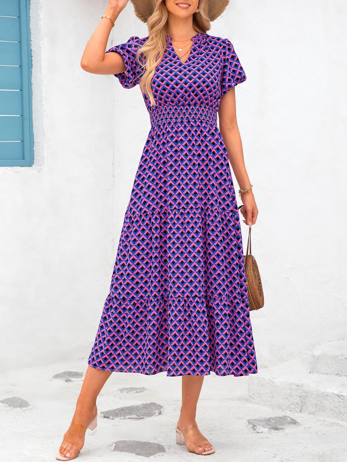 Detalle de MASCOMODA Summer Maxi Dresses for Women (2026) Floral V-Neck Smocked Puff Sleeve Boho Long Dress