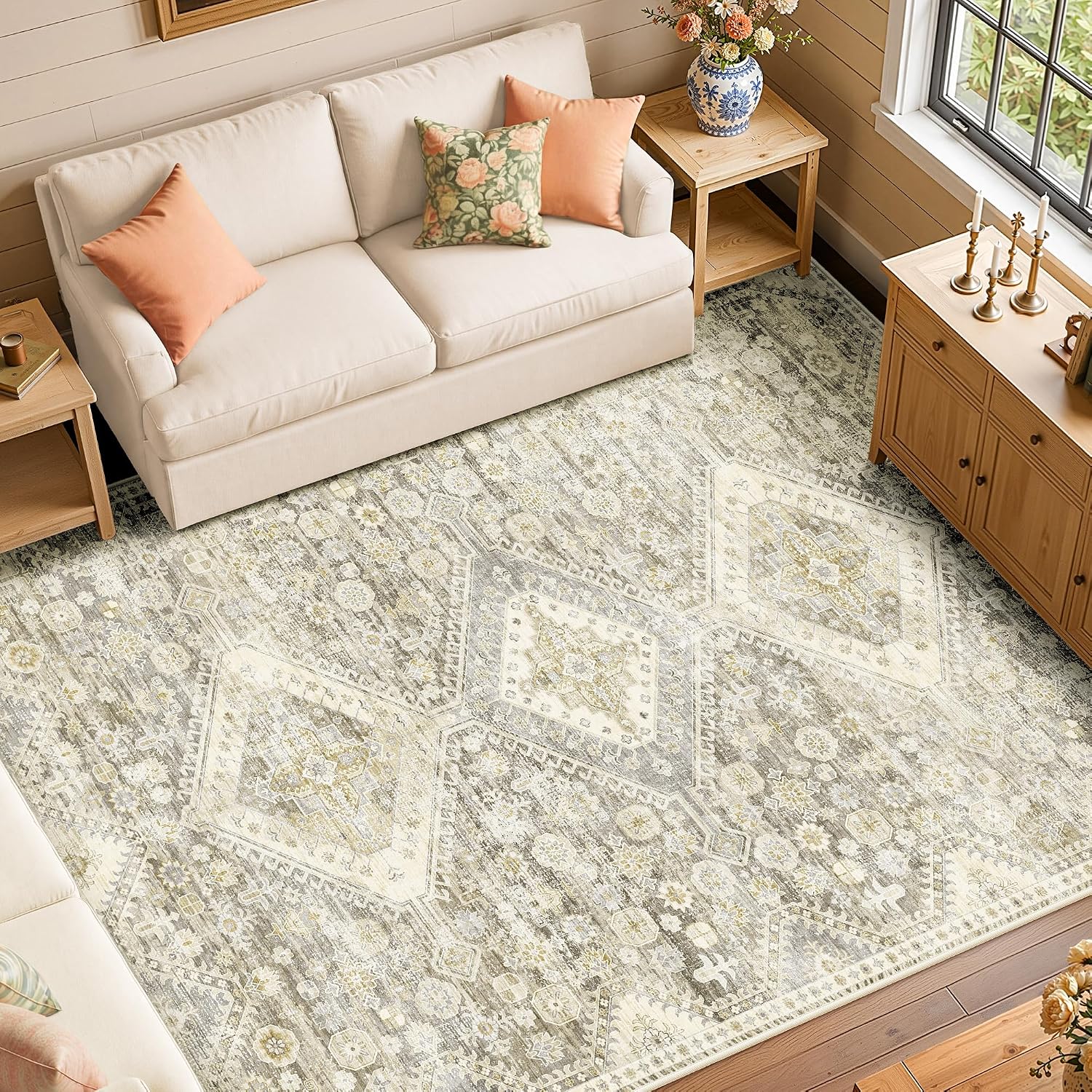 Detalle de LIVELYGLOW 8x10 Retro Vintage Area Rug, Gray Beige, Washable and Non-Slip