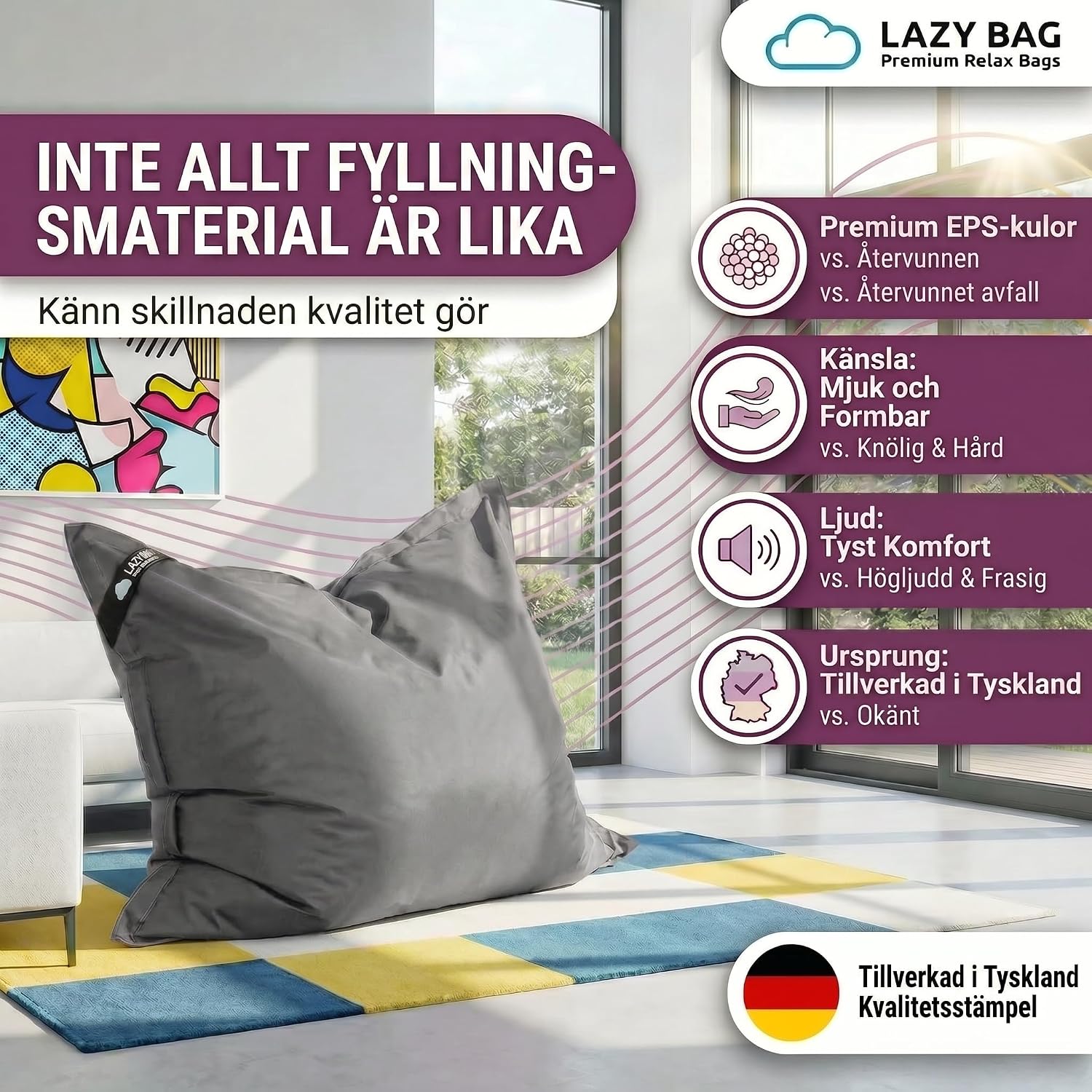 Detalle de Lazy Bag 069a3eb9-d13f-4c42-abeb-c223c69e9971 sittsäck XL 300 L, lila