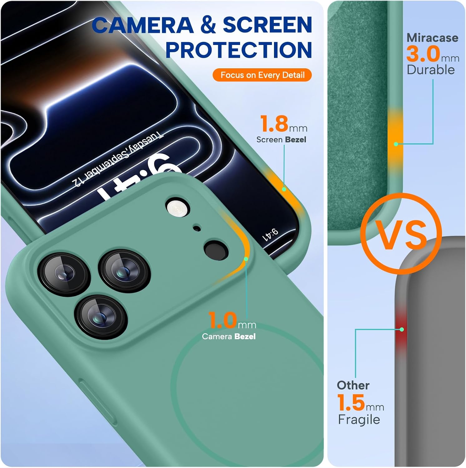 Thumbnail 2 de Miracase Magnetic Liquid Silicone Case for iPhone 17 Pro (MagSafe) – Midnight Green