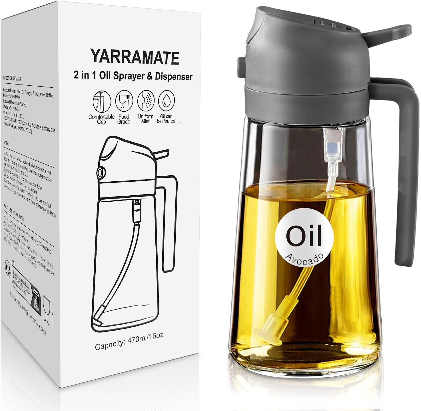 Detalle de YARRAMATE 2-in-1-oliedispenser van glas, 470 ml, met sproeier, grijs