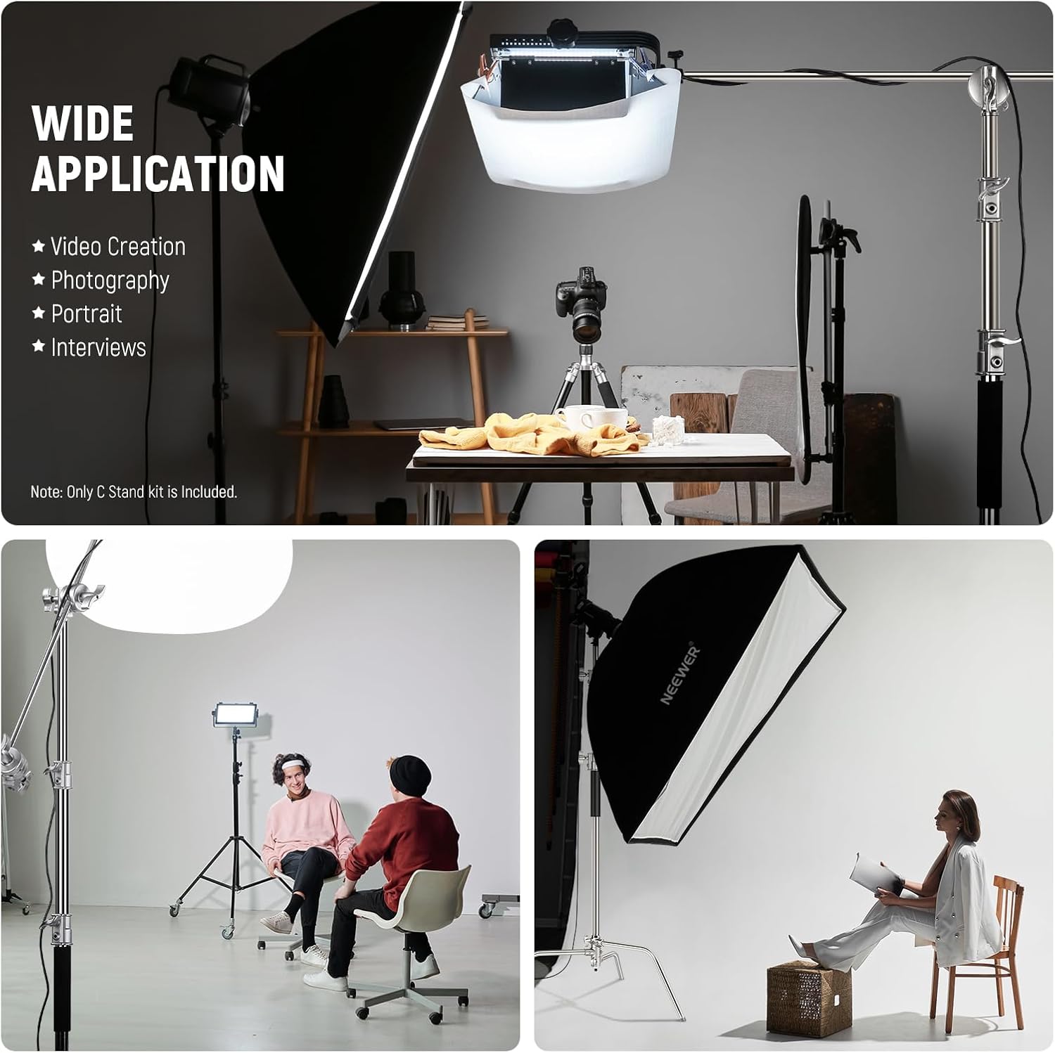 Thumbnail 1 de NEEWER BASICS SC320 Lite stainless steel C stand with boom arm (up to 10.5ft/320cm) — heavy duty studio light support
