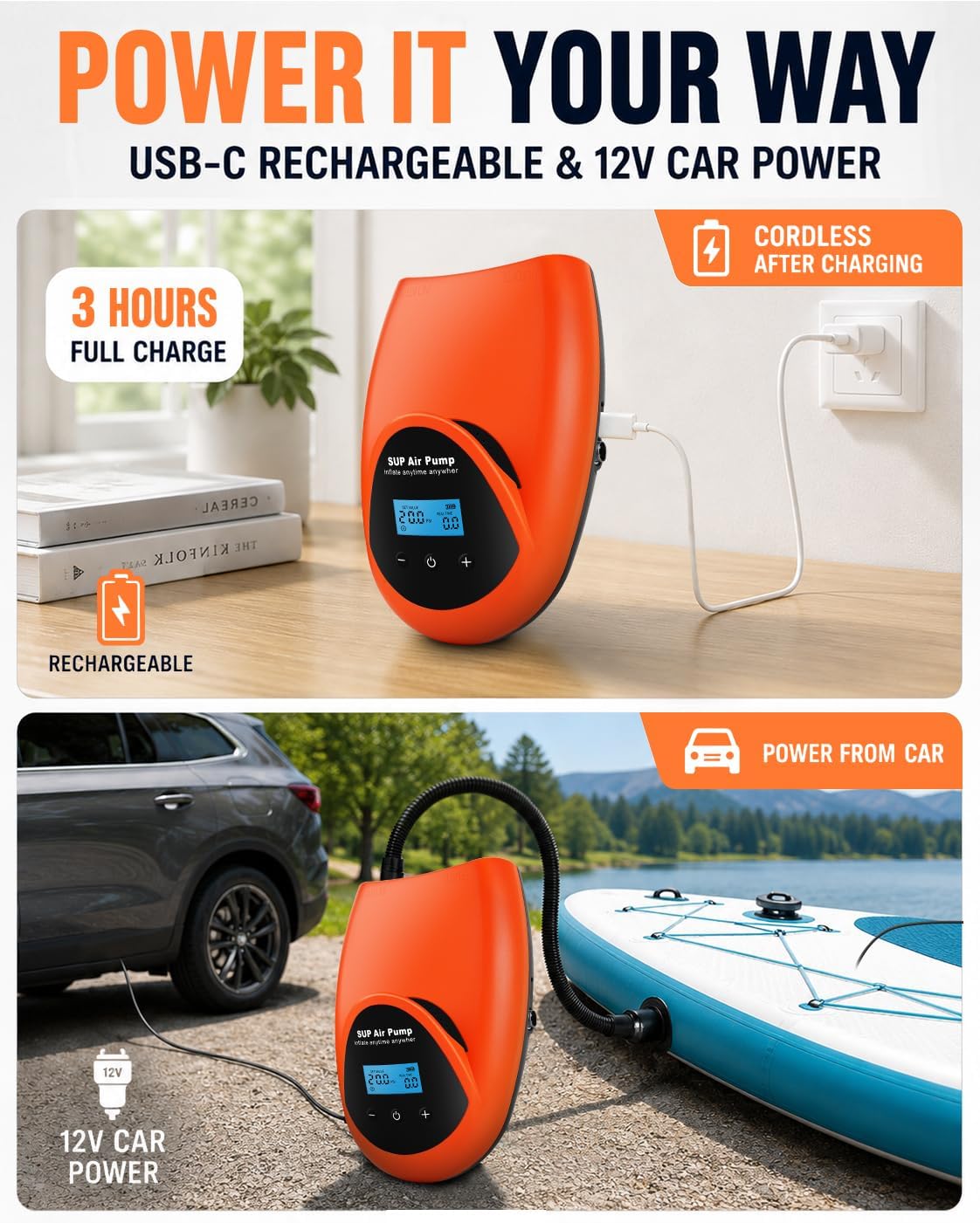 Detalle 2 de TONSIM Electric SUP Pump 20PSI – 15000mAh Rechargeable Cordless Inflator with Auto-Off
